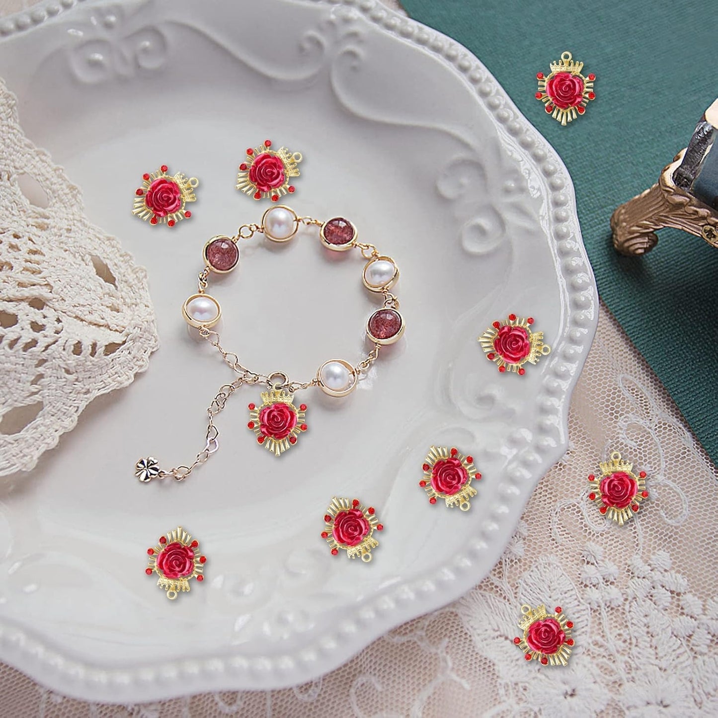 20pcs Resin Red Rose Charms with Rhinestone Golden Plated Alloy Lovely 3D Roseflower Dangle Pendants with a Storage Box for DIY Necklace Bracelet Jewelry Making Supplies Decor