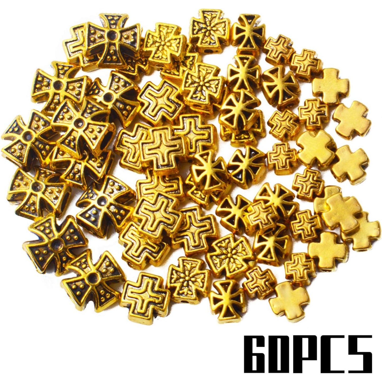 60pcs Antique Gold Cross Spacer Beads Alloy Tibetan Style Cross Charm Beads Jewelry Crosses Spacer Beads for Rosary Bracelet Jewelry Making Supplies, 6 Styles