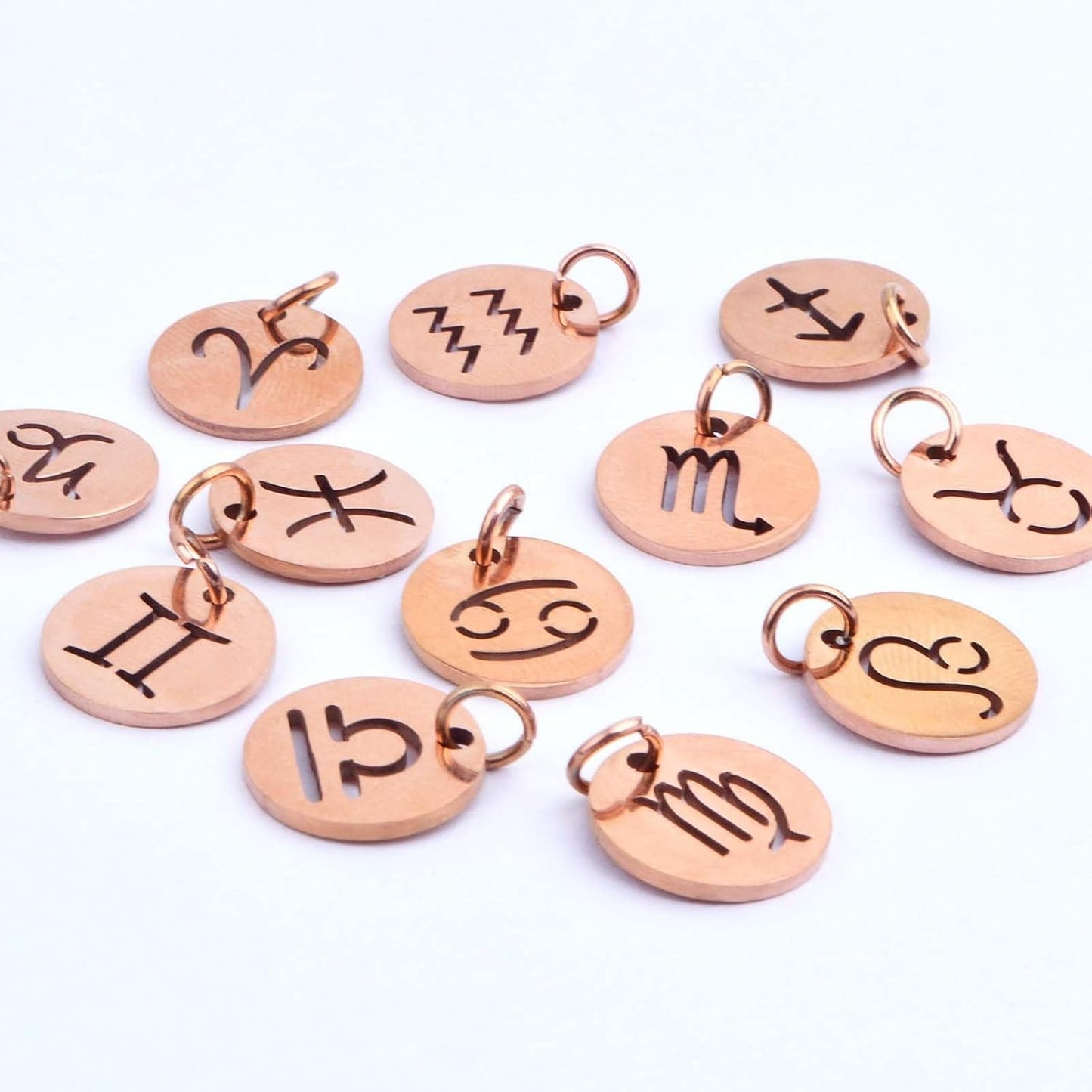 12pcs Stainless Steel Flat Round 12 Constellations Charms Hypoallergenic Zodiac Sign Pendants with Rings for DIY Necklaces Earrings Crafts Jewelry Making, Rose Golden