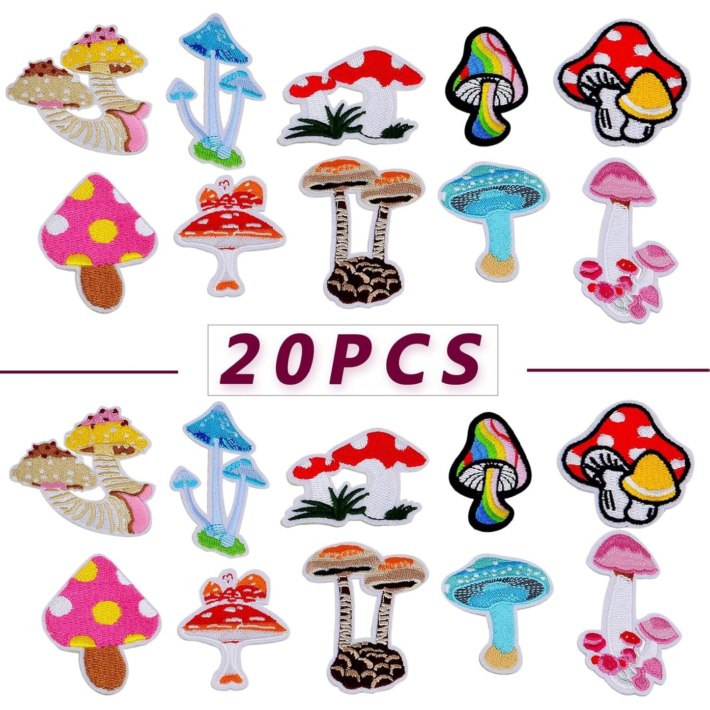 20 Pieces Mushroom Embroidered Patches Iron-on Mixed Styles Mushroom Applique Sewing Embroidery Patches for Clothes Dress Hat Pants Shoes Curtain Backpack Bags Decoration