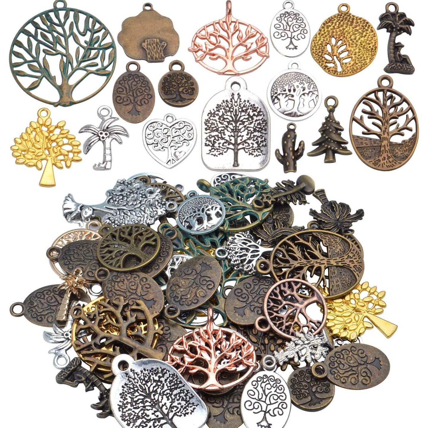 100g(40-60pcs) Alloy Tree of Life Charms Pendants Beads Craft Supplies for Jewelry Making Necklace Bracelet, Mixed Color