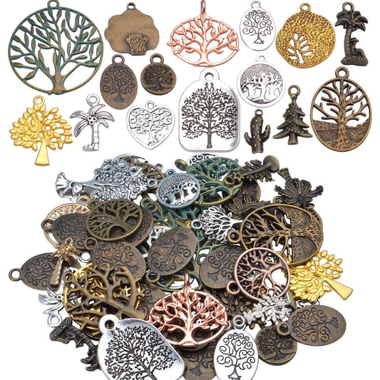 100g(40-60pcs) Alloy Tree of Life Charms Pendants Beads Craft Supplies for Jewelry Making Necklace Bracelet, Mixed Color