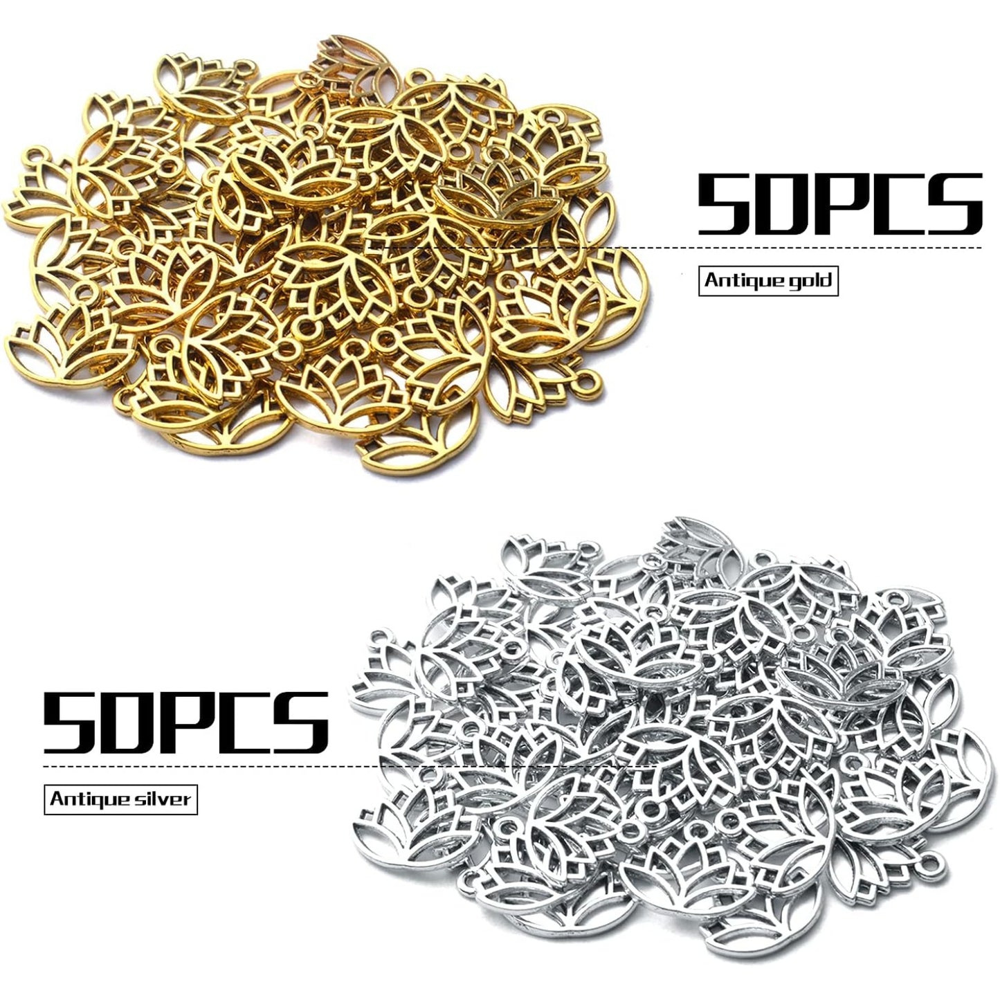 100pcs Lotus Charm Pendants Alloy Yoga Lotus Flower Charms Beads Charms Pendants Craft Supplies for DIY Necklace Bracelet Jewelry Making Crafting Accessory