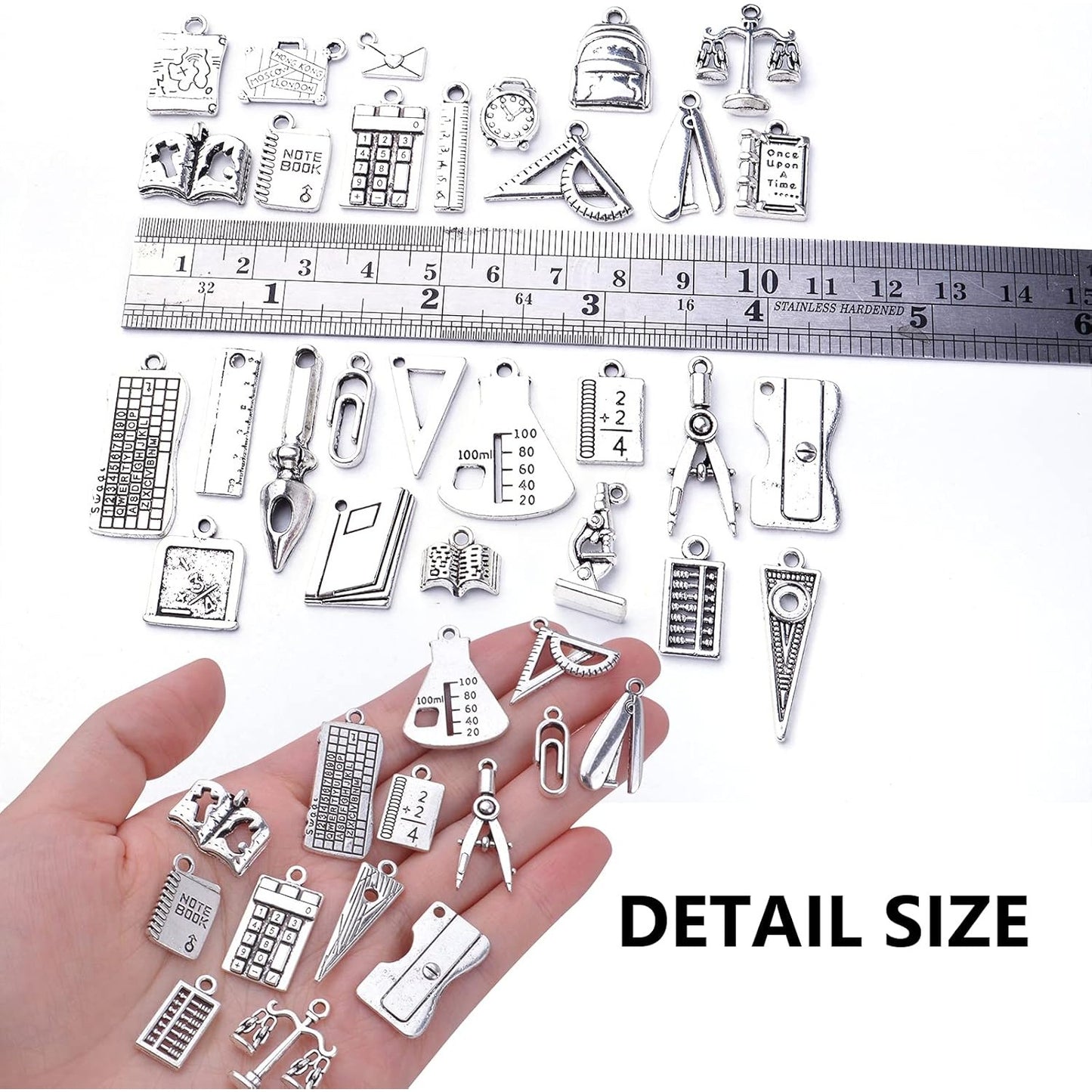 56pcs Mixed Styles School Theme Charms Tibetan Alloy Teacher Pendants Ruler Pen Books Calculator Compass Charms for DIY Bracelet Necklace Crafts Jewelry Making, Antique Silver