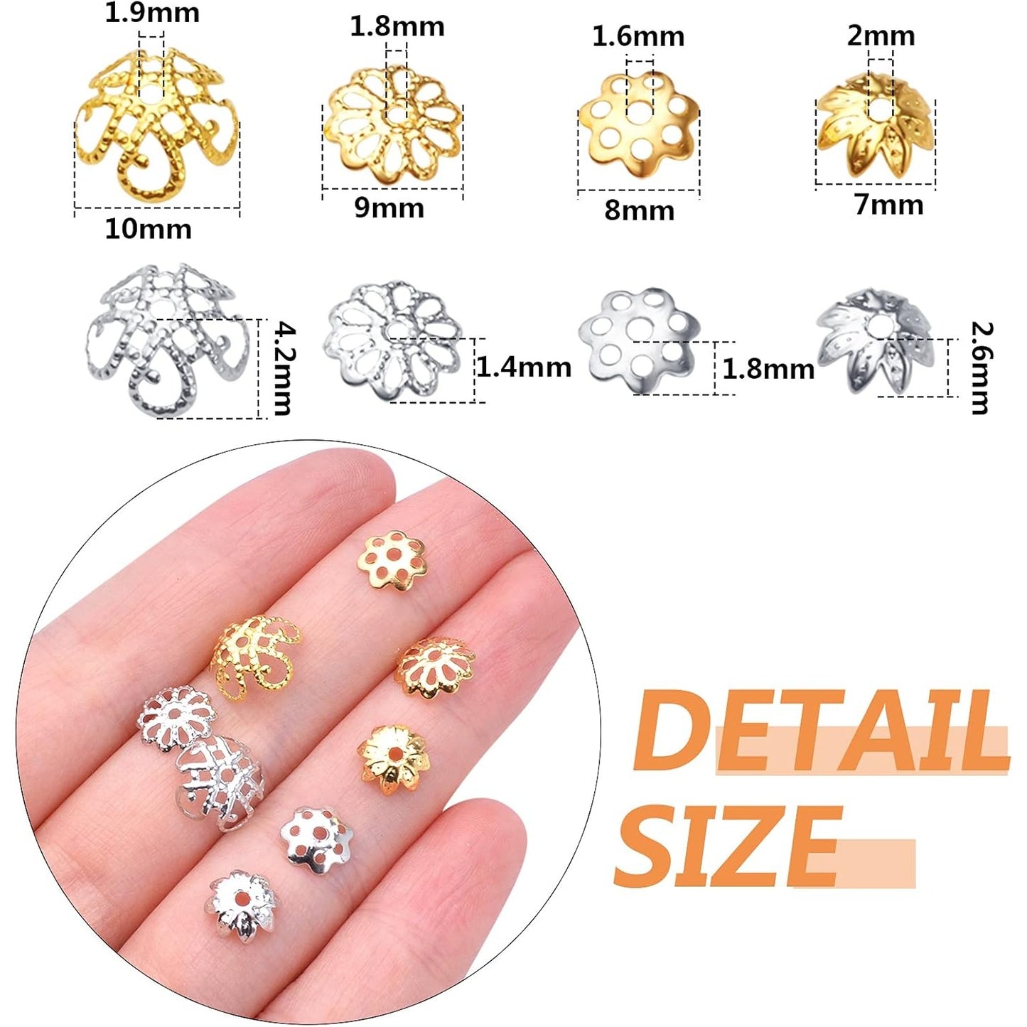2000pcs Filigree Flower Bead Caps Alloy Hollow Spacer Beads Caps for DIY Charm Bracelet Earrings Craft Jewelry Making Supplies Birthday Christmas Party Favor Gifts, 4 Styles, 2 Colors