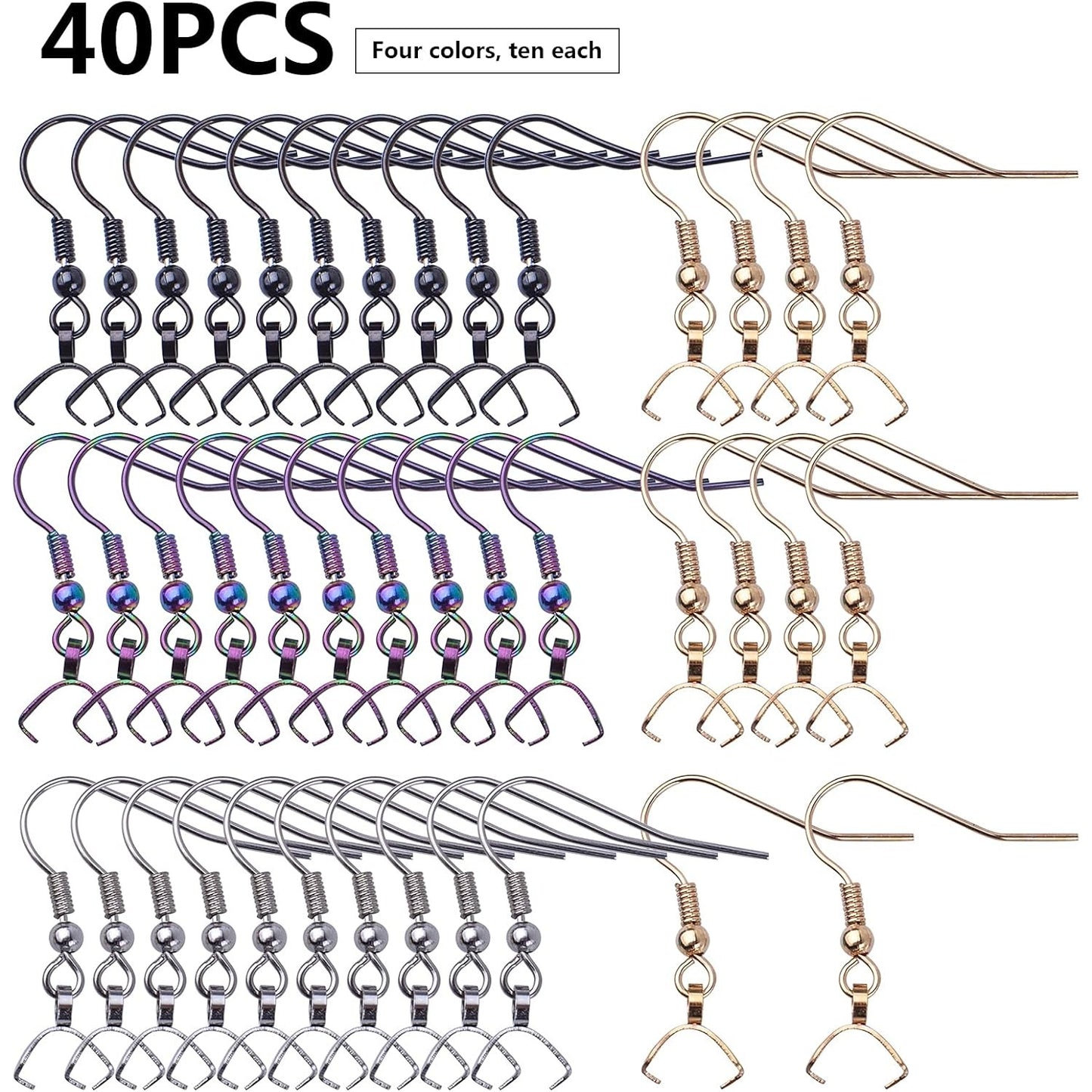 40pcs Stainless Steel Earring Hooks Hypoallergenic Earrings Hooks with Pendant Clasp Ear Wire Buckle Clasp Fish Hooks for DIY Jewelry Earrings Making Supplies, 4 Colors