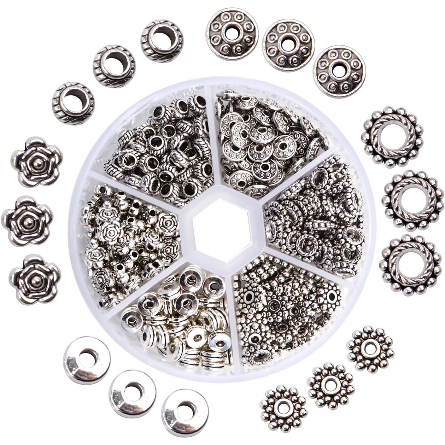 300 Pieces Alloy Antique Silver Spacer Beads Tibetan Metal Loose Beads Jewelry Findings Accessories DIY for Bracelet Necklace Jewelry Making, 6 Styles