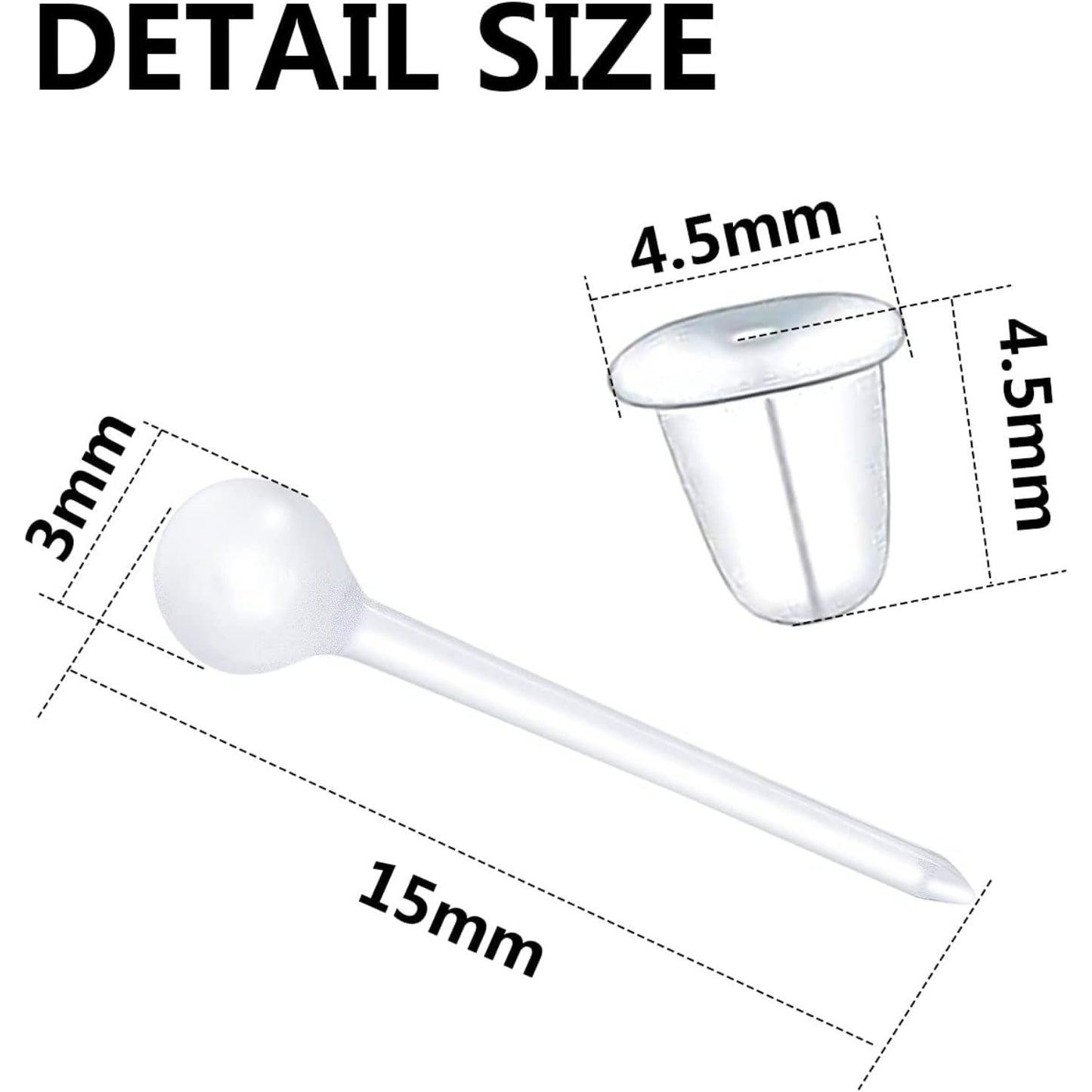 100pcs Clear Earring Posts Studs Plastic Earring Pin Studs Ball Stud Earrings and 100pcs Silicone Bullet Earring Backs for Men Women