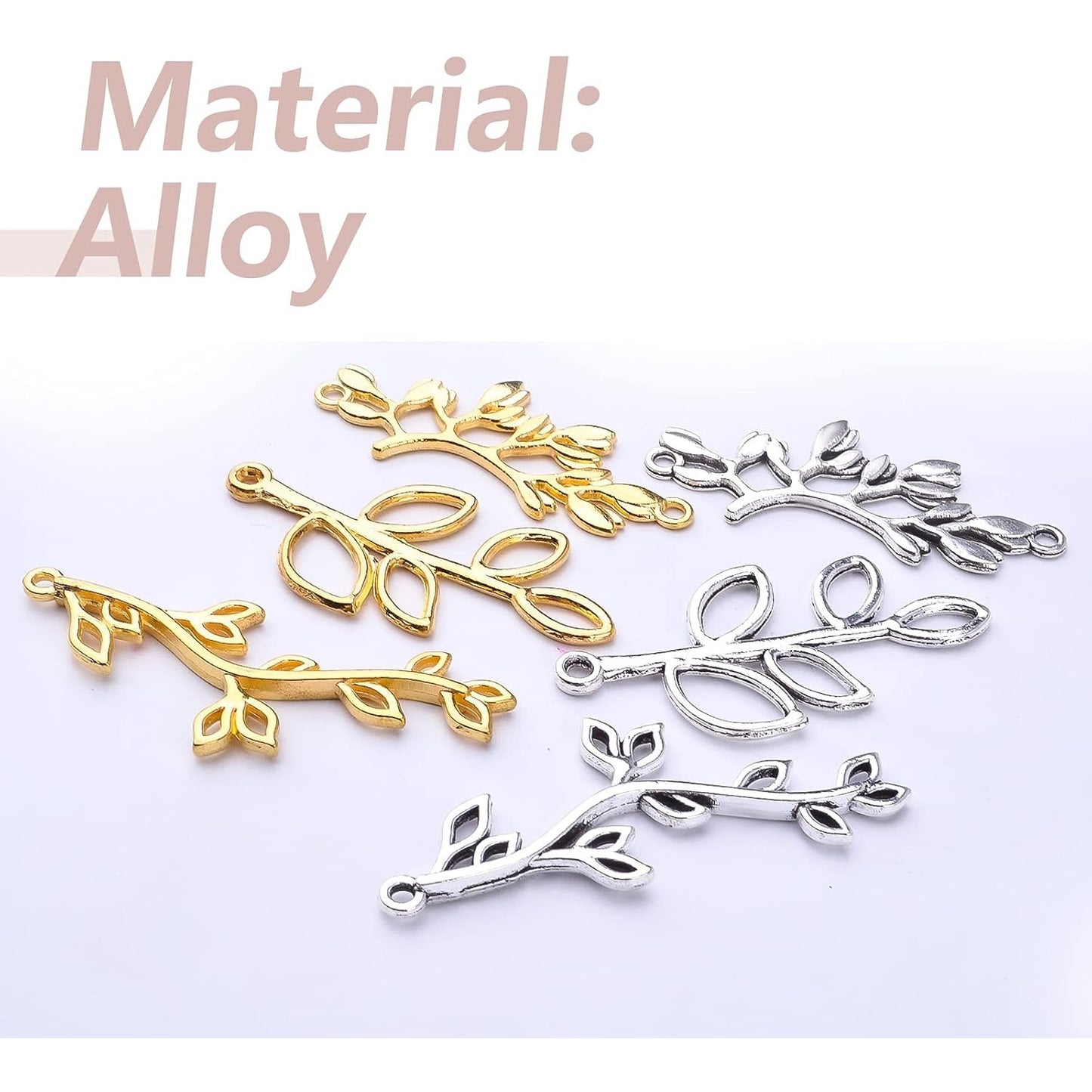 60pcs Tree Leaf Charms Pendants Tibetan Alloy Leaves Branch Bead Charms Dangle Pendants for DIY Earring Necklace Crafts Supplies Jewelry Making Findings, 3 Styles, 2 Colors