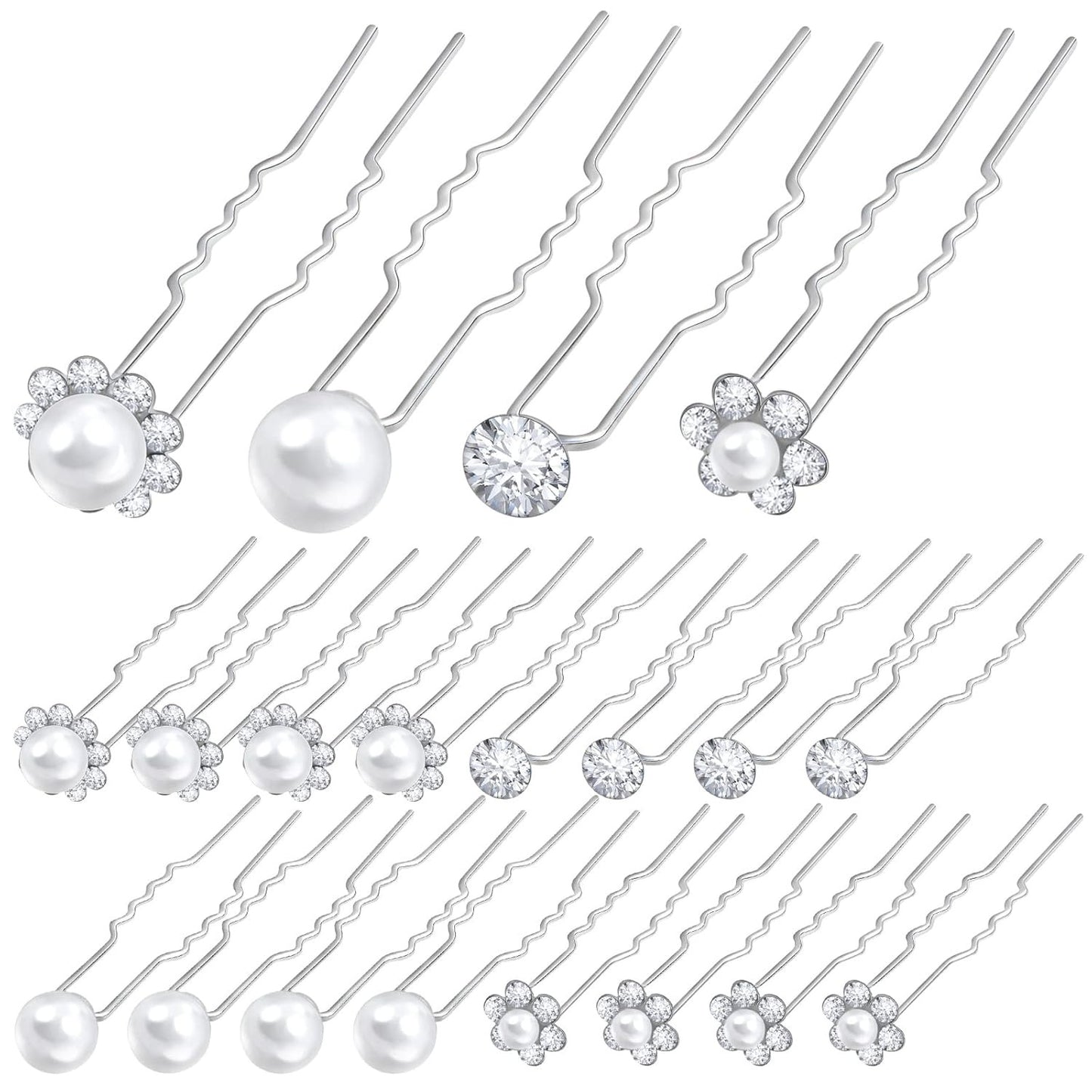24pcs Silver Pearl Hair Pins Headpiece Metal U-shaped Rhinestone Flower Embellished Bobby Pins Bridal Hair Accessories for Women Girls Bride Bridesmaid Wedding, 4 Styles