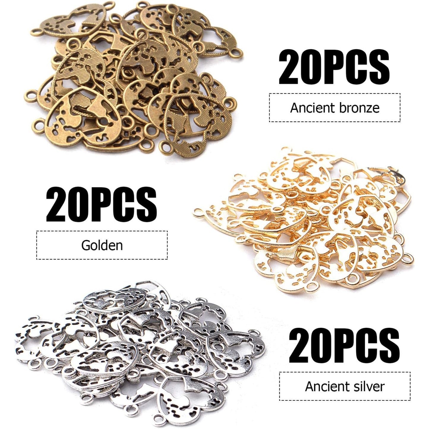 60pcs Alloy Large Filigree Heart Charm Love Connector Links Charms Double Loops Jewelry Heart Charm Pendants for DIY Bracelet Jewelry Crafts Making Accessories