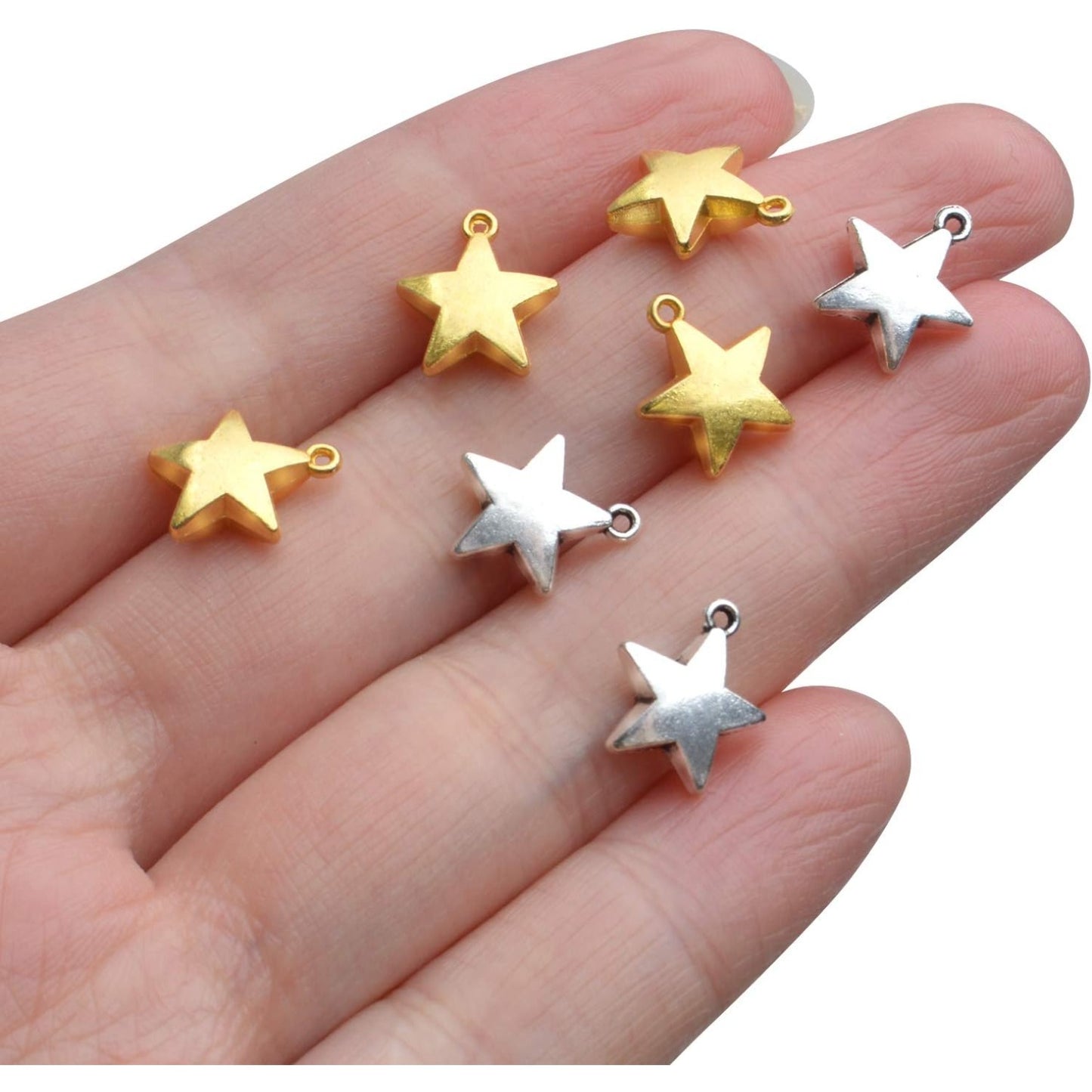 Star Pendant Charms, 100pcs Mini Five-Pointed Star Charms Tibetan Style Blank Stamping Star Shape Pendant for DIY Jewelry Making Crafting, Golden and Antique Silver, 11x10x4mm