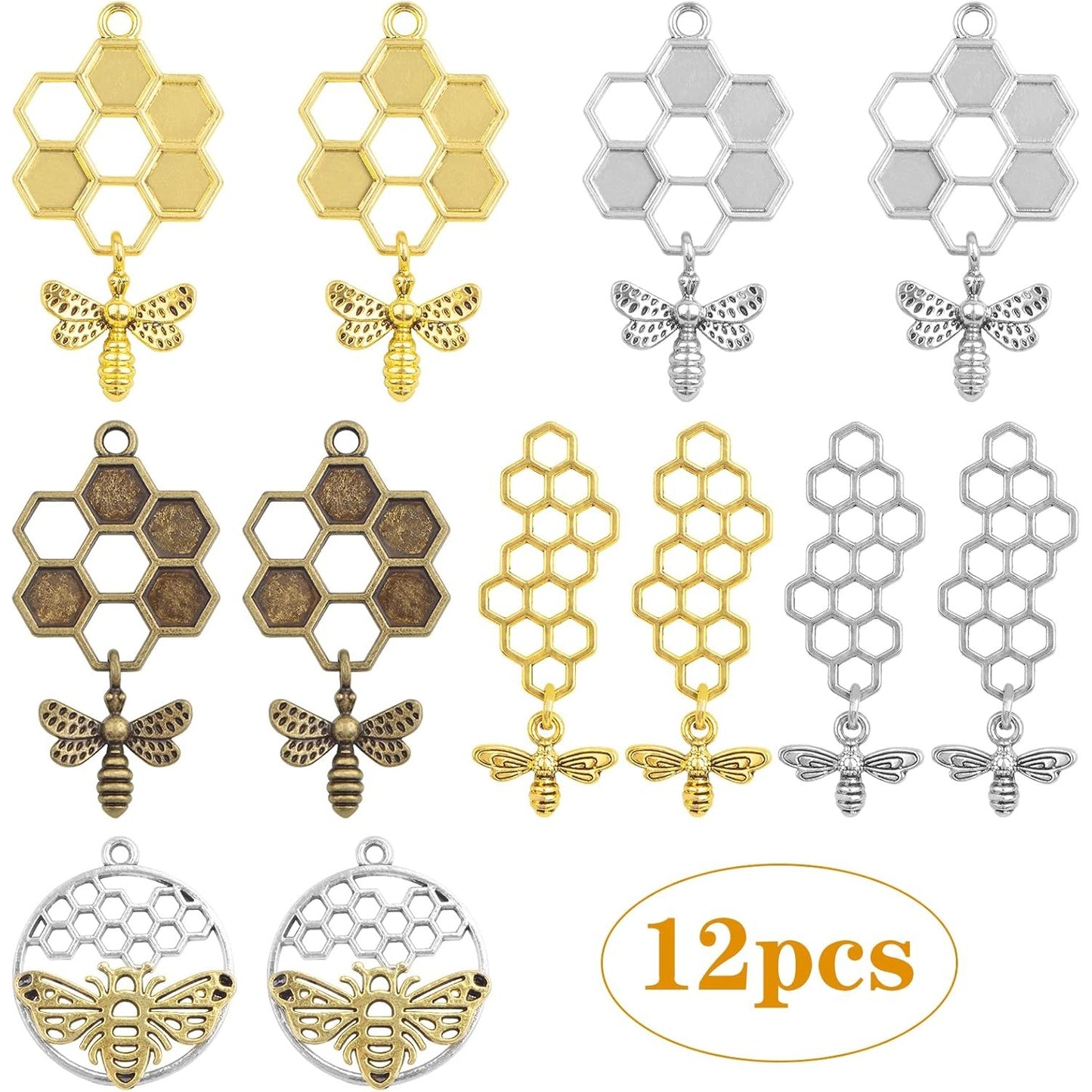12pcs 3D 3 Styles Honey Comb Bee Charms Alloy Honeybee Honeycomb Pendants Hollow Flying Animal Insect Dangle Charms Ornaments for DIY Bracelet Necklace Keychains Craft Supplies