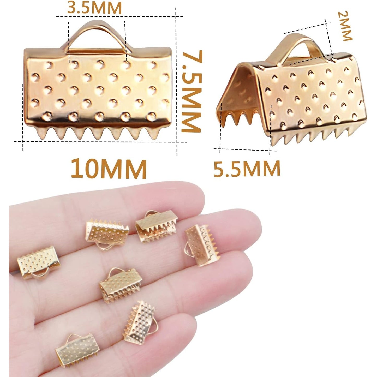 500pcs KC Golden Ribbon Ends Metal Pinch Crimp Clamp Ends Cord Ends Fasteners Clasp Findings for DIY Bracelet Anklets Leather Bookmark Jewelry Making, 10x7.5x5.5 mm