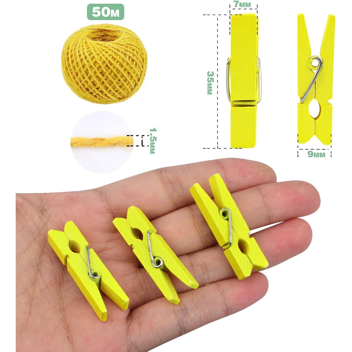 50pcs Wooden Photo Clips Clothespins Utility Pictures Paper Peg Pin Craft Clips and 50m Jute Twine for Home School Handmade Decoration(Yellow)