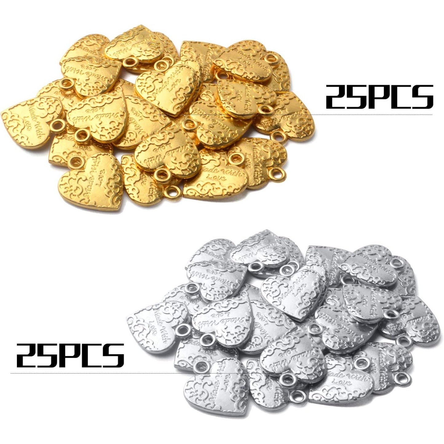 50pcs Heart Shape Made with Love Words Charms,19mm×17mm Alloy Heart Beads Charm Pendant for DIY Jewelry Making Necklace Bracelets Accessories,2 Colors