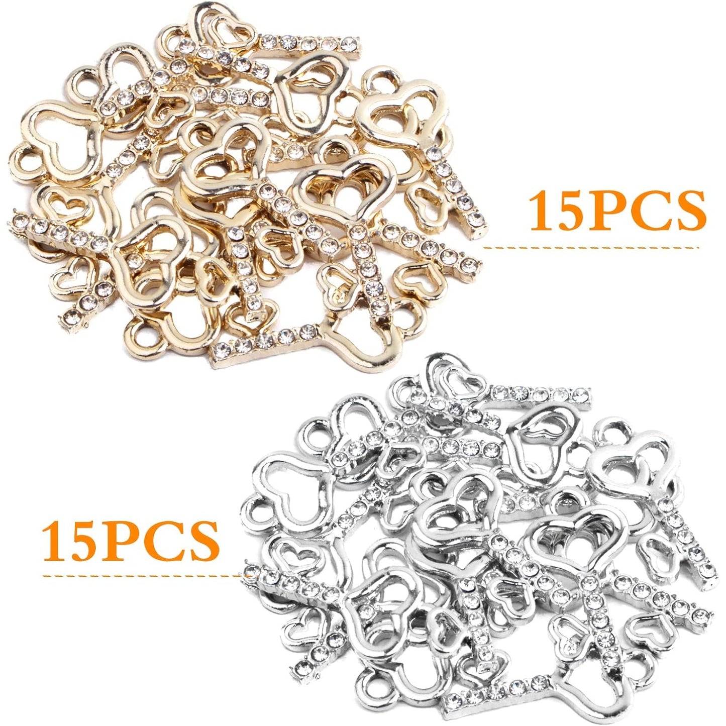 30pcs Heart Key Pendant Charms Mini Metal Heart Shape Key Pendants with Rhinestone Handmade Accessories for Bracelet Keychains Jewelry Making Valentine's Day Gifts, 2 Colors