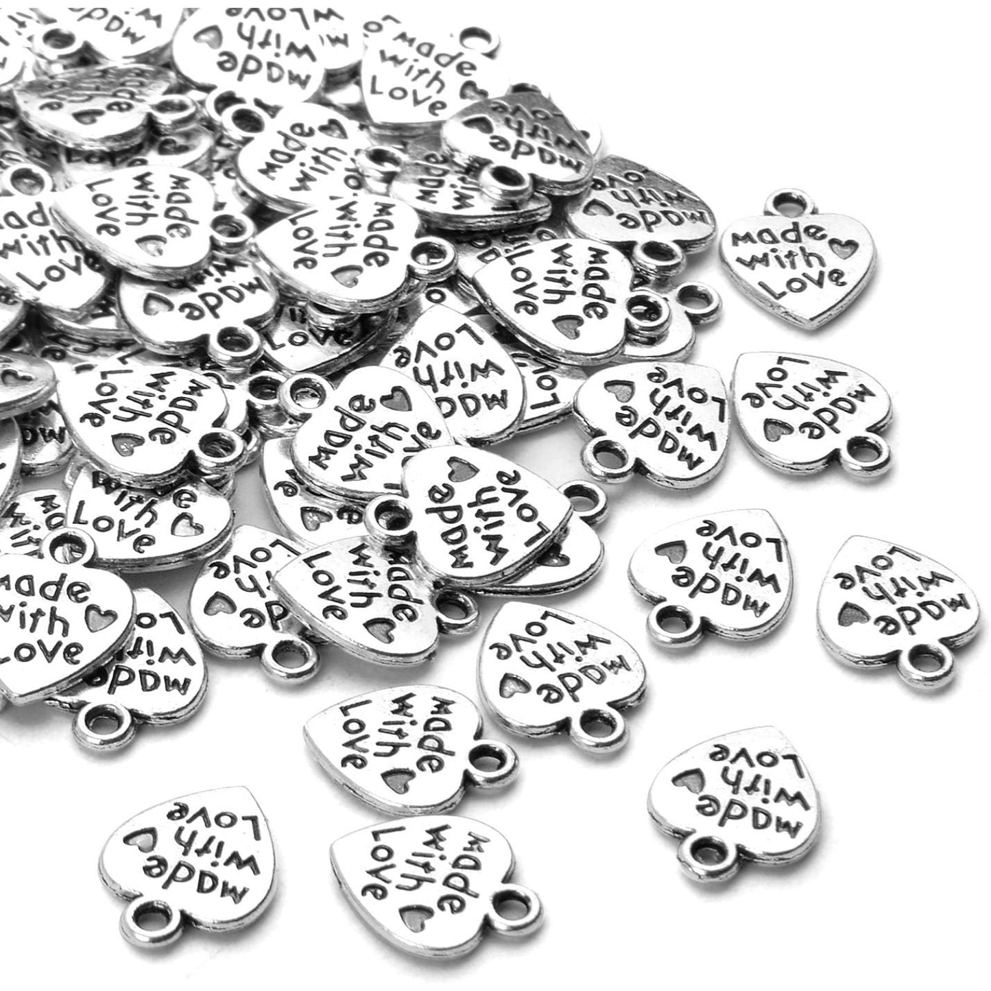 100pcs Tibetan Silver Heart Charm Made with Love Charm Jewelry Making Findings for DIY Bracelet Necklace Crafts