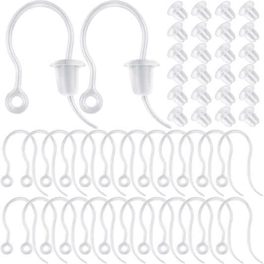 100pcs Clear Plastic Earring Hooks Ear Wire with Loop French Fish Hooks and 100pcs Transparent Earring Stoppers for DIY Earrings Jewelry Making Craft Decoration