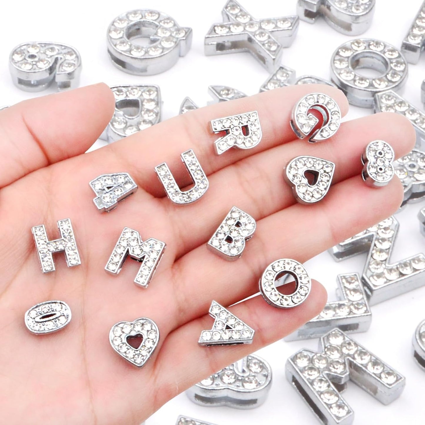 40pcs 8mm Full Rhinestones Slide Charms Alloy Crystal Alphabet Letters A-Z with Numbers 0-9 and Hearts for DIY Bracelets Wristbands Necklaces Jewelry Making Supplies, Sliver