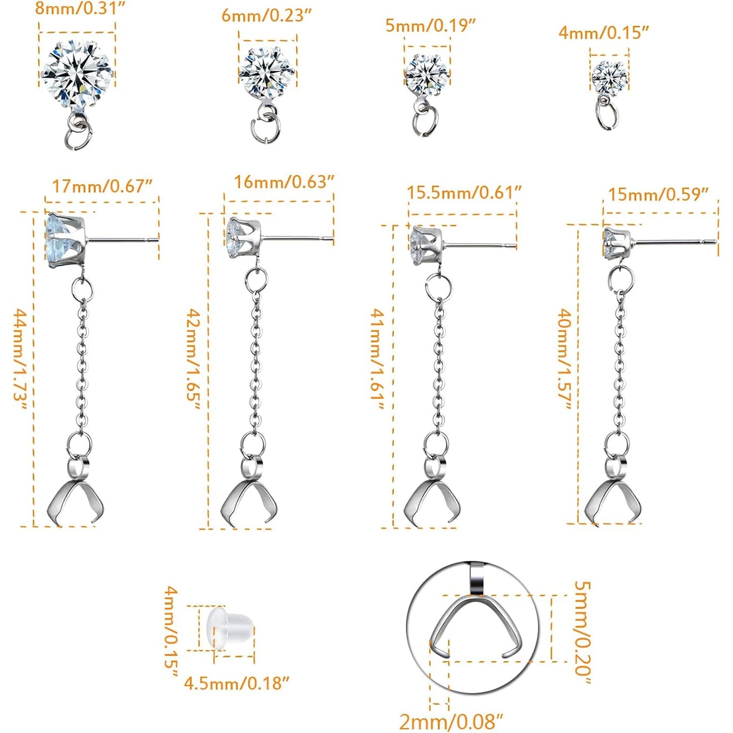 8pcs Stainless Steel Rhinestone Earring Studs Silver Plated Cubic Zirconia Earring Posts with Pinch Clasps Chains and 20pcs Clear Earring Backs for DIY Jewelry Making Supplies