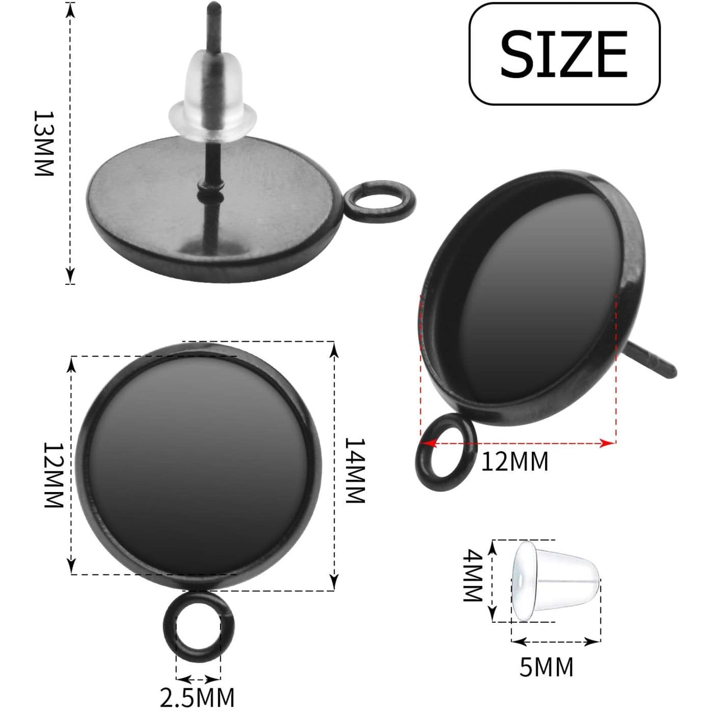 Earring Studs Posts, 20Pcs Earring Studs with Loop Stainless Steel Cabochon Setting Round Earrings Posts Tray Base and 20Pcs Black Earring Backs for Earring Making(Fit for 12mm)