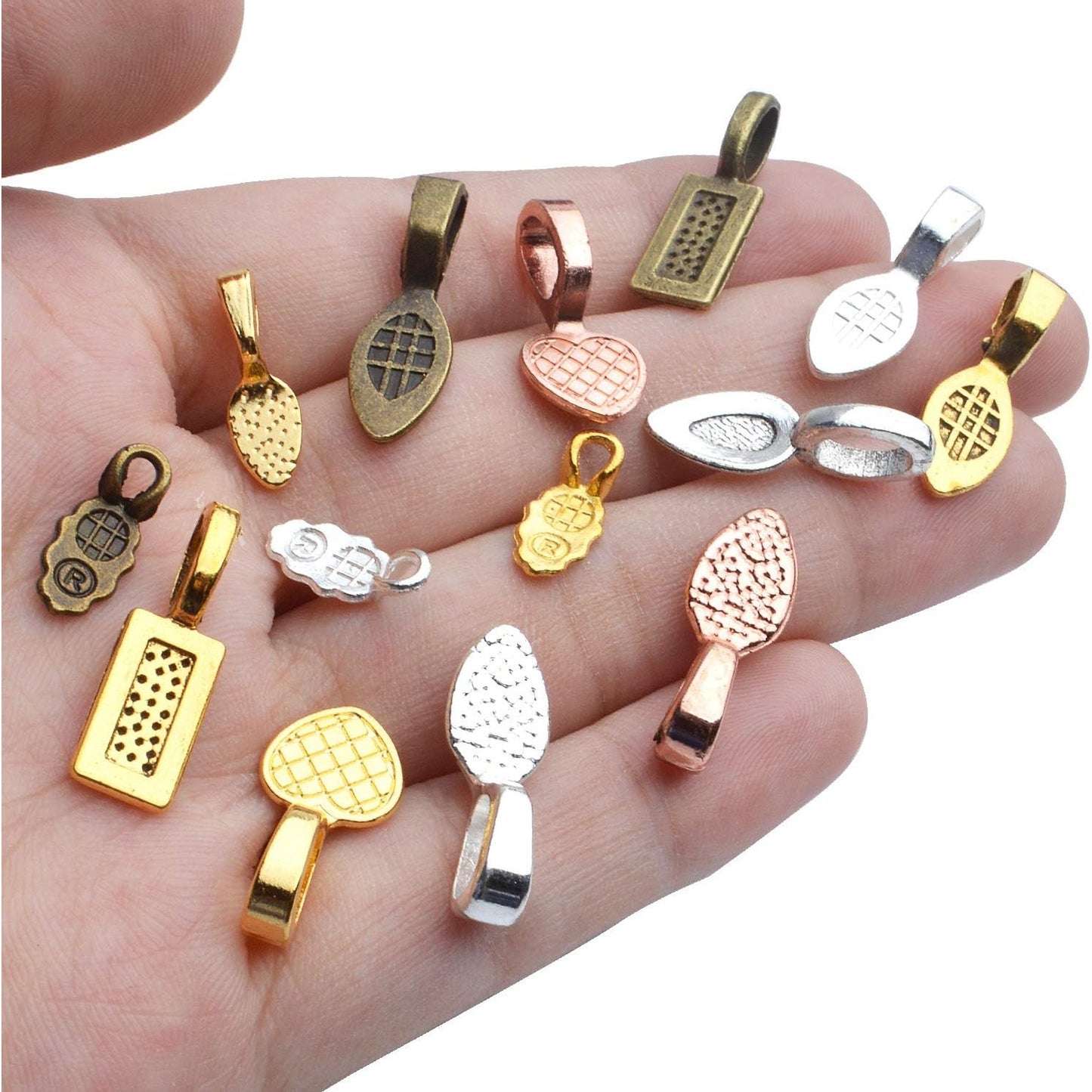 Glue on Bails, 100 Gram Mixed Tibetan Style Glue on Bails Pendants Alloy Flat Pad Bails Tag Charms Connector Hanger for Earring Necklace Jewelry Findings Crafting