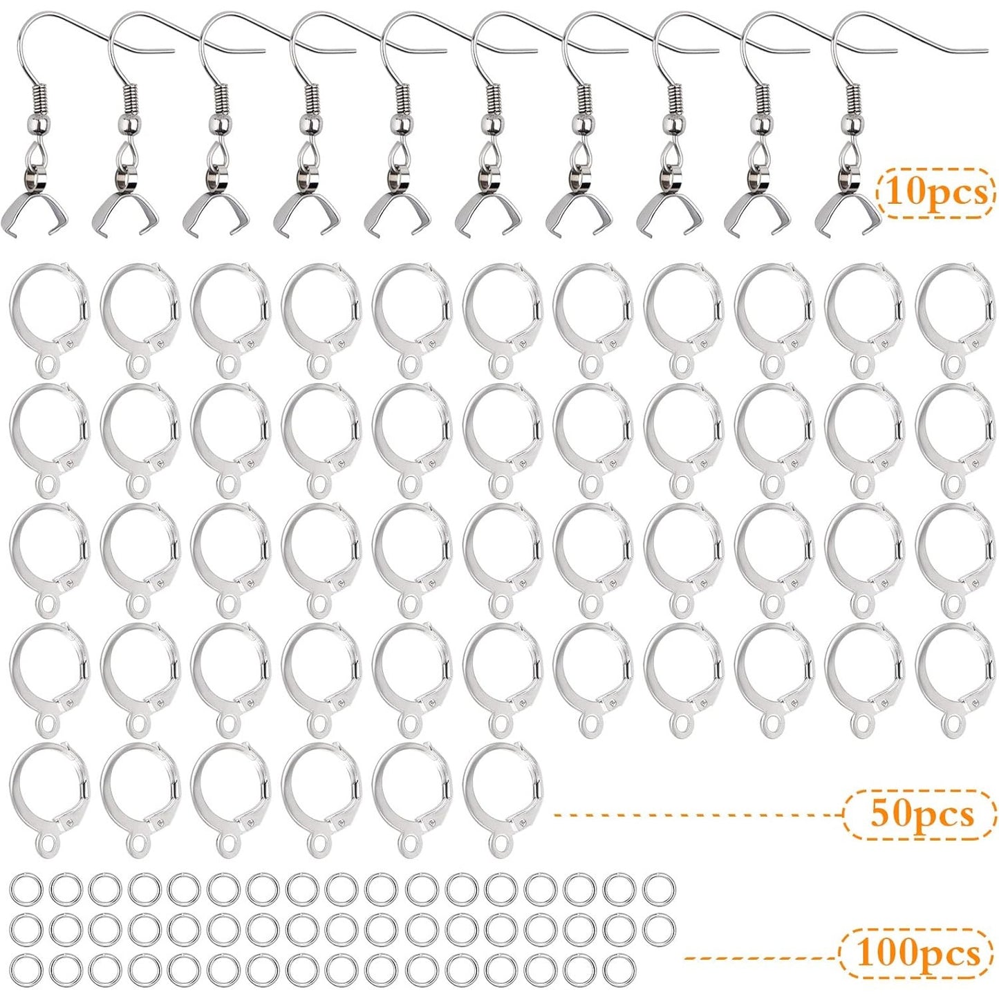 60pcs Stainless Steel French Ear Wire Fish Hooks Hypoallergenic Round Leverback Earring Hooks Findings and 100pcs Jump Rings for DIY Dangle Earring Jewelry Making, Silver