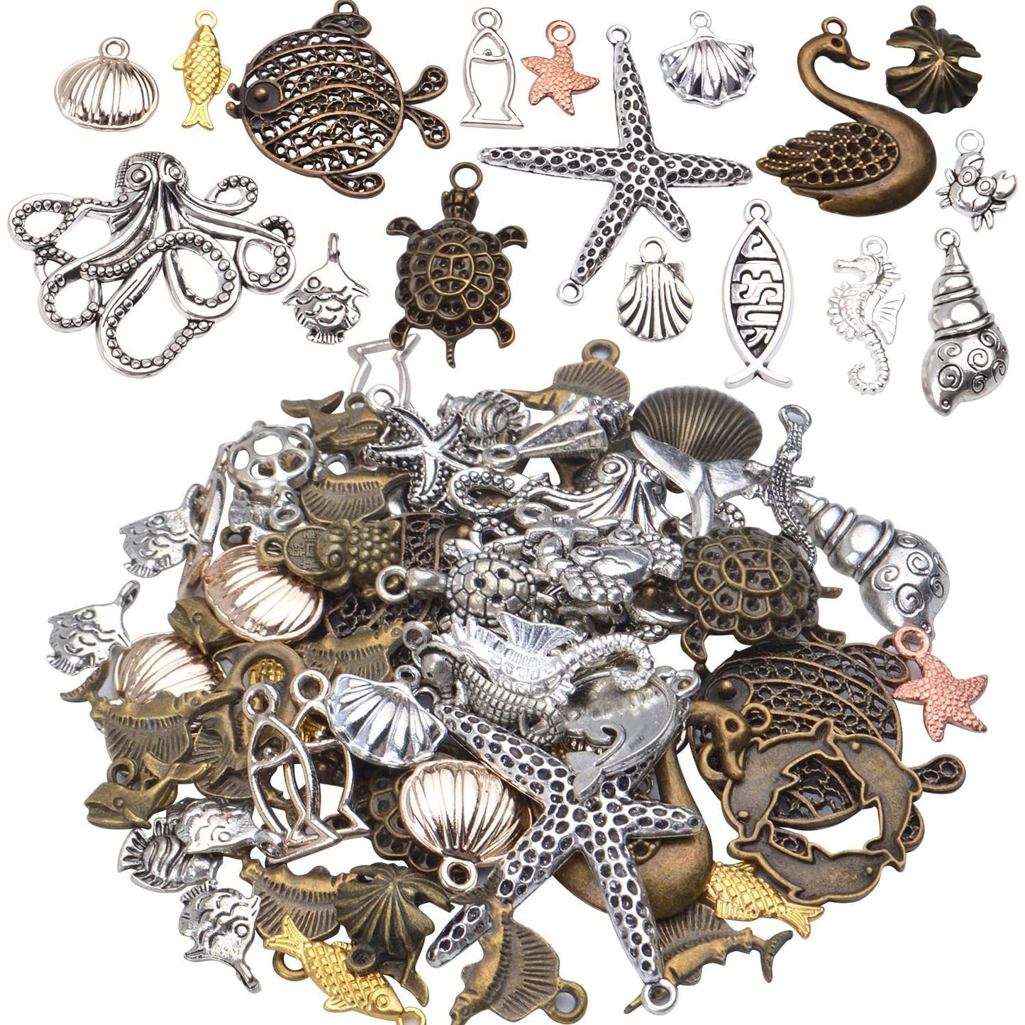 Marine Charm Collection,100g (About 60-70 Pieces) Sea Creatures Pendants Alloy Ocean Life Seashell Sea Stars Fish Jewelry Findings Craft Supplies for DIY Bracelet Necklace