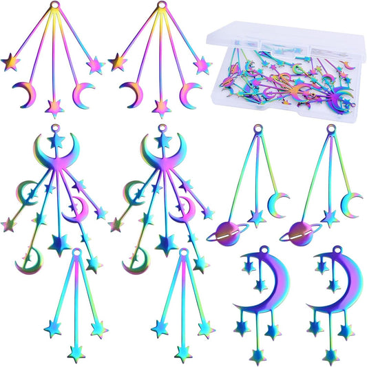 10pcs 5 Styles Stainless Steel Moon Star Charms Celestial Nature Theme Tassel Pendants Etched Embellishments with a Box for DIY Necklace Earrings Jewelry Making Supplies, Rainbow Color