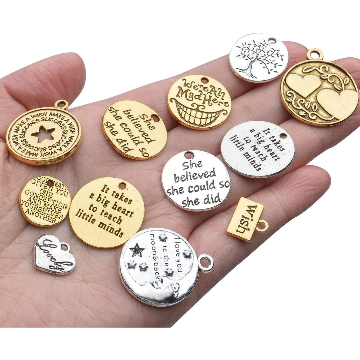 Words Pendant Charms, 46pcs Inspirational Words Charms Alloy Message Bead Pendants Accessory for DIY Necklace Bracelet Jewelry Making Crafting, Antique Golden and Silver