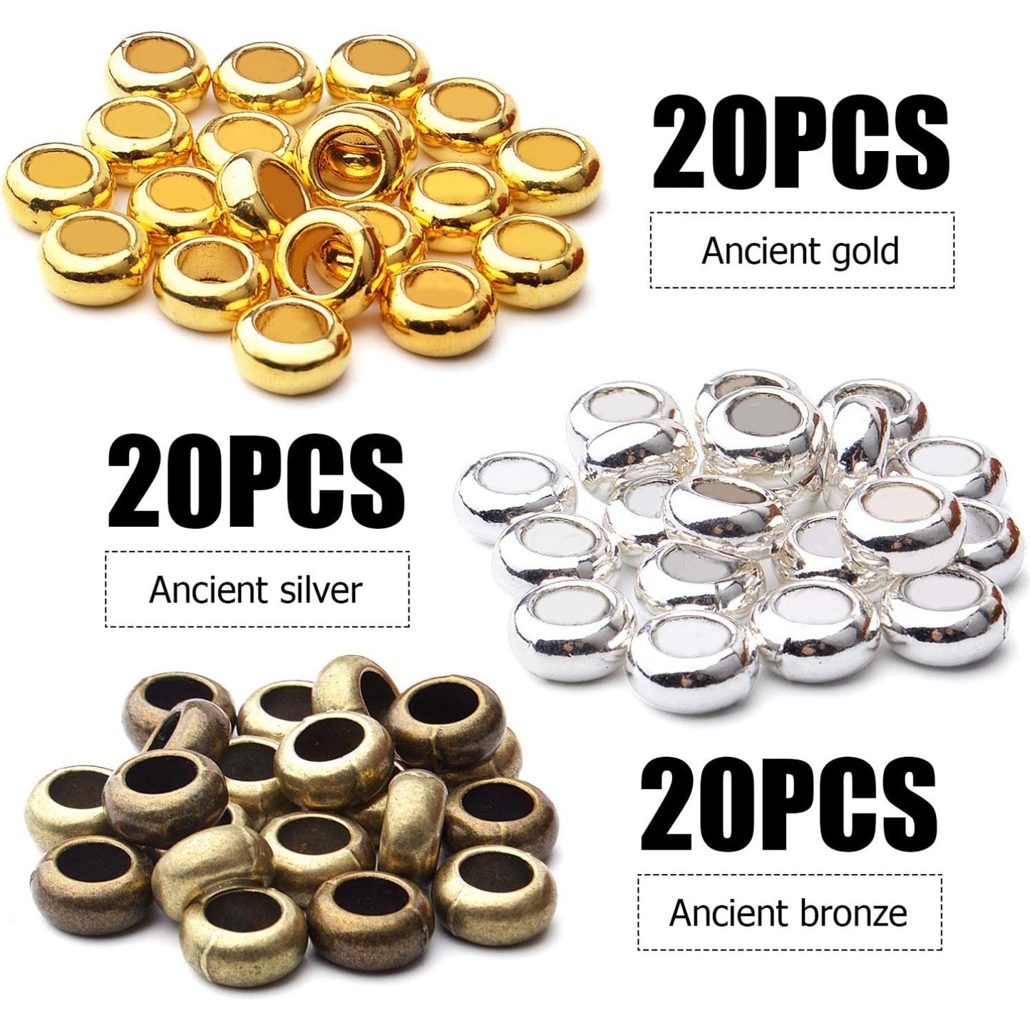 60pcs Rondelle Large Hole Spacer Beads Tibetan European Spacer Loose Hole Metal Beads for Necklace Bracelet Jewelry Making,10×6×5mm