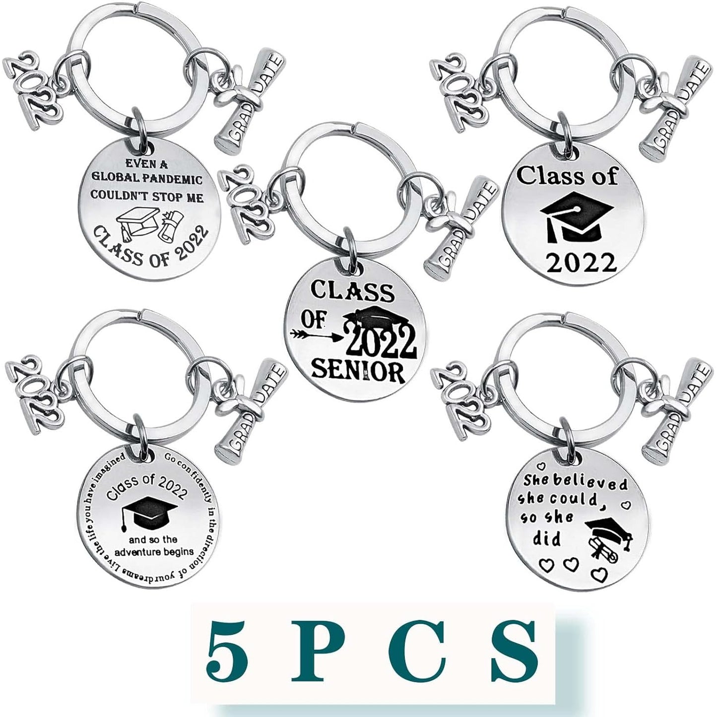 5pcs Stainless Steel Graduation Gifts Keychains for Class of 2022 Inspirational Gift Key Rings for 2022 Graduation Congratulations Birthday Encouragement Gifts, 5 Styles