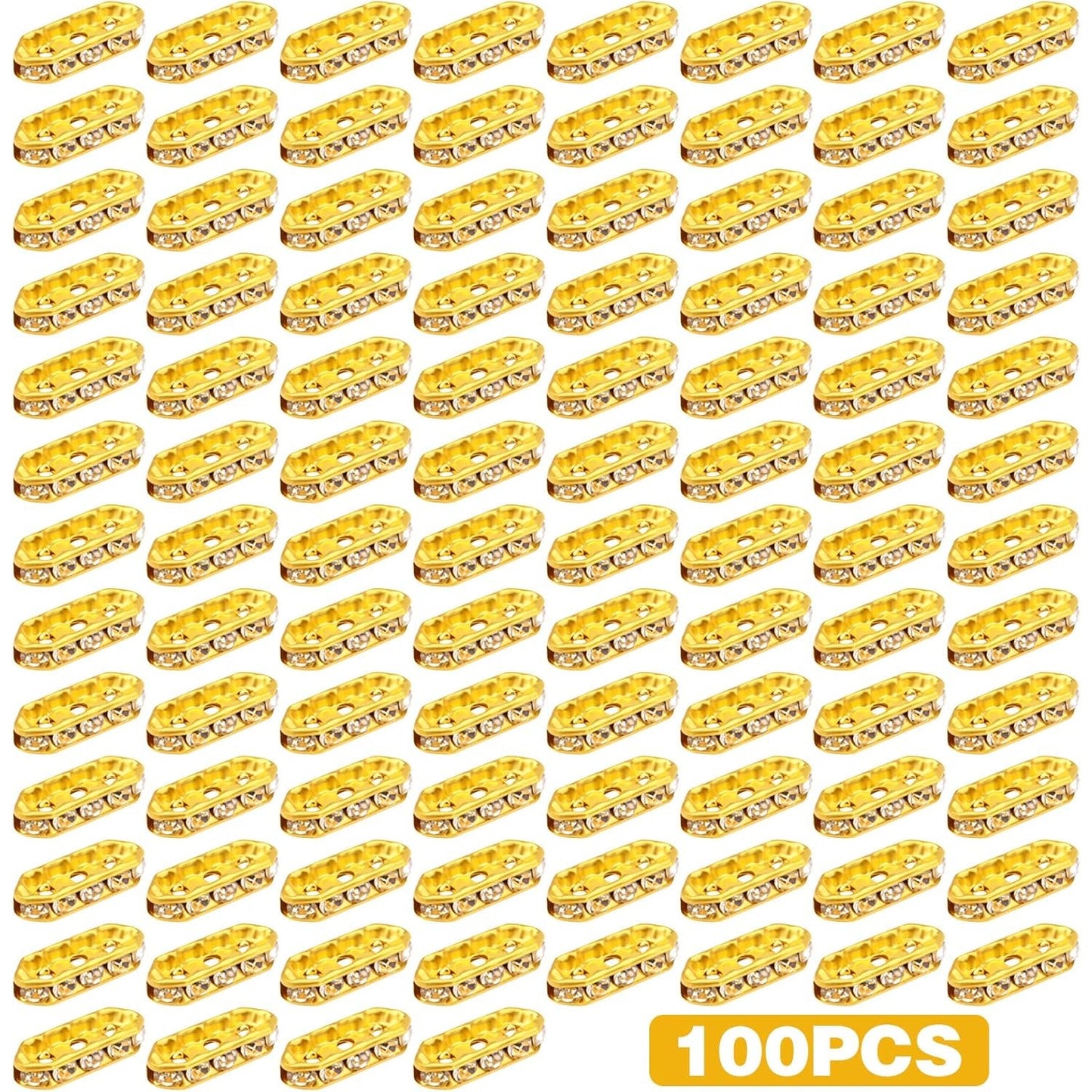 100pcs Rhinestone Spacer Bars Crystal Beads 3-Hole Alloy Spacers Bar Link Connectors for Multi Strand Bracelet Jewelry Making Accessory, Golde