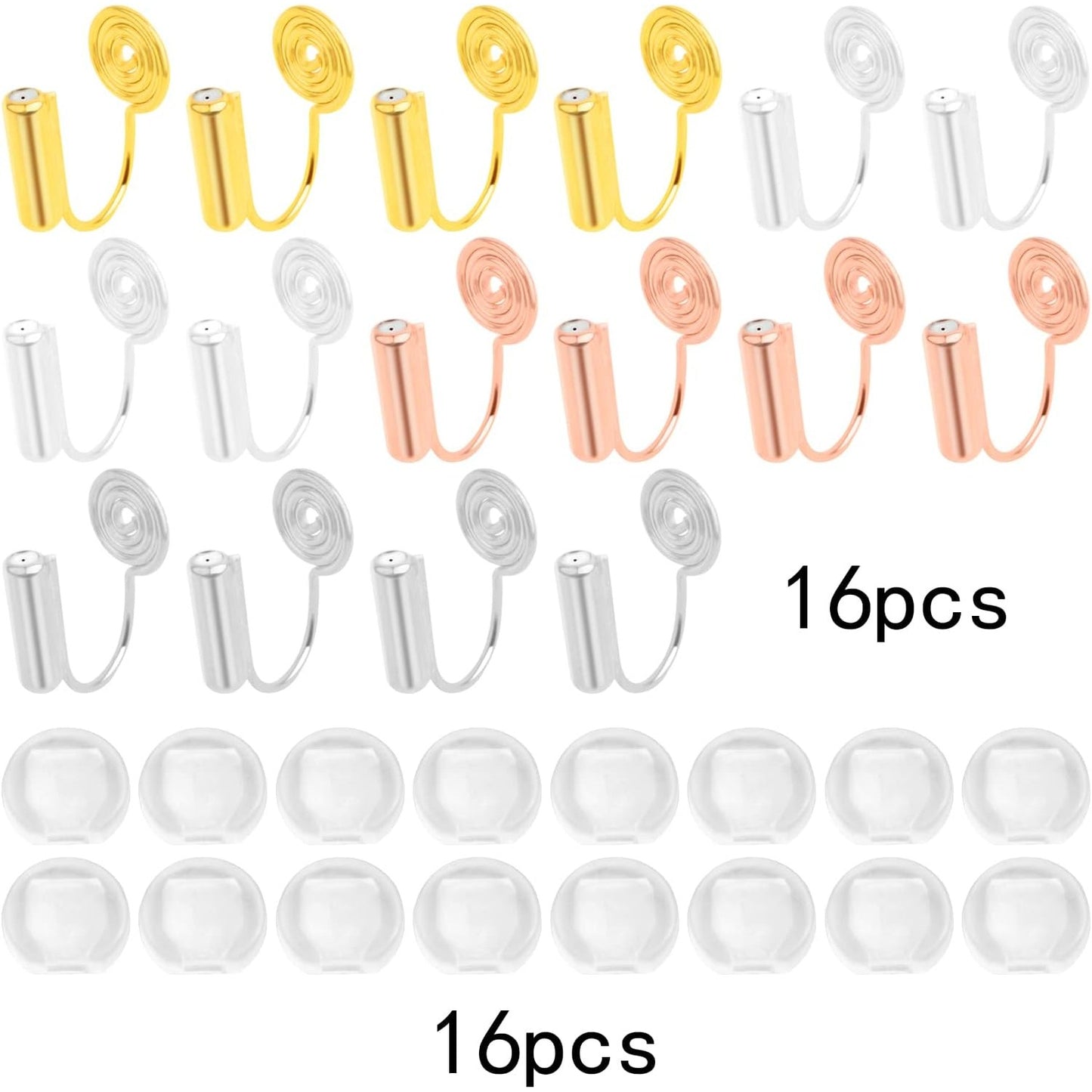 16pcs Mosquito Incense Shape Earring Clips with Post Brass Clip-on Earring Converters Components and 16pcs Painless Earring Pads for Non-Pierced Ears DIY Jewelry Making, 4 Colors