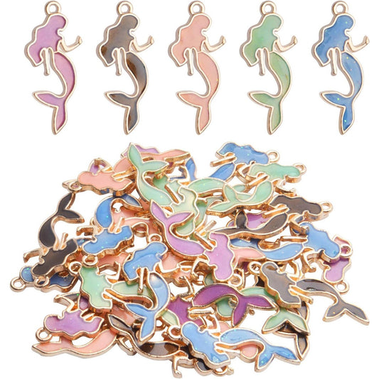 Enemal Mermaid Charms, 30pcs Gold Plated Oil Drip Enamel Pendants for Jewelry Making, Bracelets, Necklace Craft Supplies, 13 * 29mm
