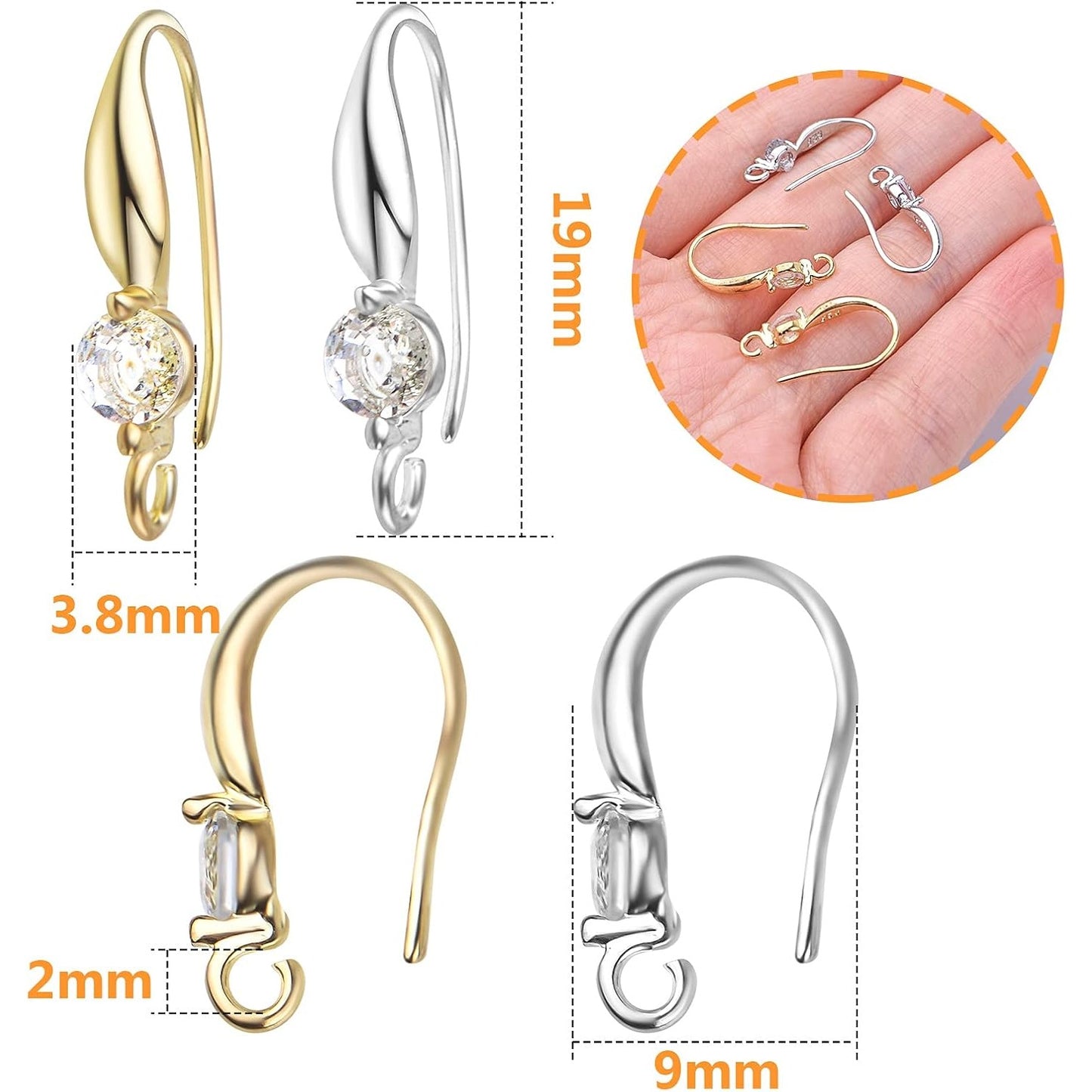 12pcs Silver Plated Rhinestone Earring Hooks Brass Ear Wire Fish Hooks with Open Loop Round Rhinestone Earring Components for Women DIY Earrings Jewelry Making