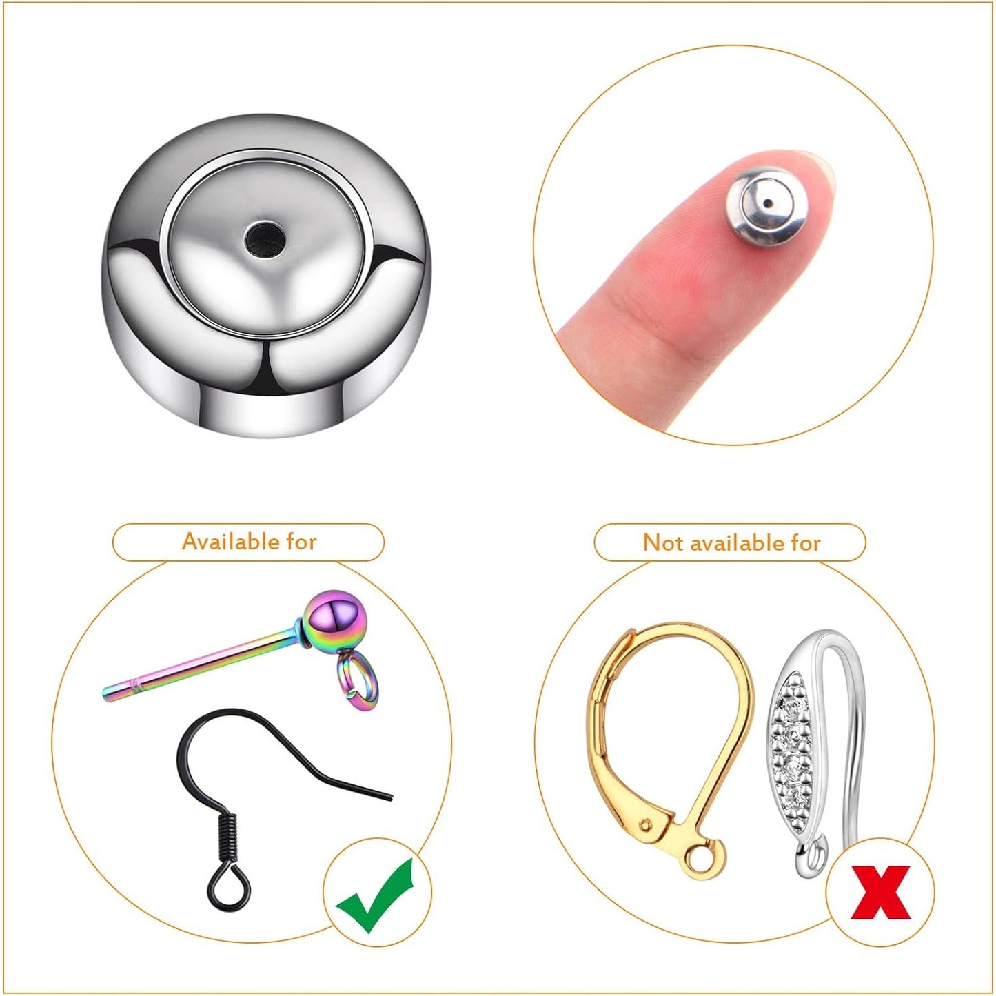 6pcs Hypoallergenic Round Disc Earring Backs Stainless Steel Locking Secure Pierced Earring Backs Replacements for Studs Earrings Droopy Ears, 8 mm x 8 mm x 3 mm