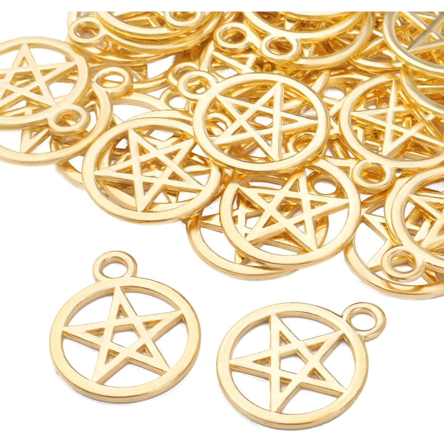 50pcs Pentacle Star Charms Alloy Round Vintage Pentagram Pendants Protection Lucky Pentagram Charms for DIY Bracelets Necklaces Craft Jewelry Making Accessory, Golden, 24.5 mm x 20 mm