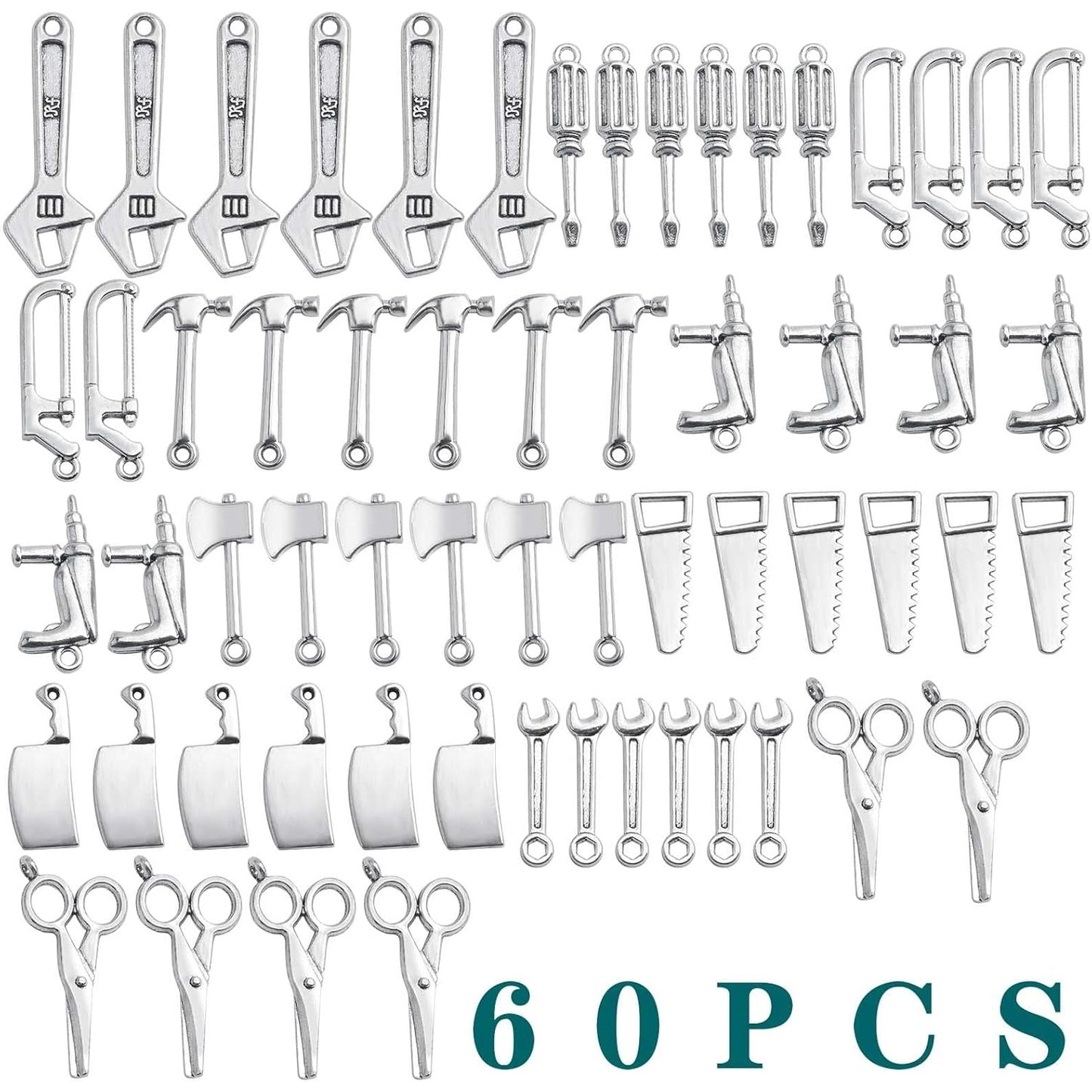60pcs 10 Styles Antique Silver Mixed Home Tool Charms Tibetan Alloy Scissor Hammer Axe Wrench Kitchen Knife Pendants Living Tools Daily Supplies for DIY Jewelry Making Crafting