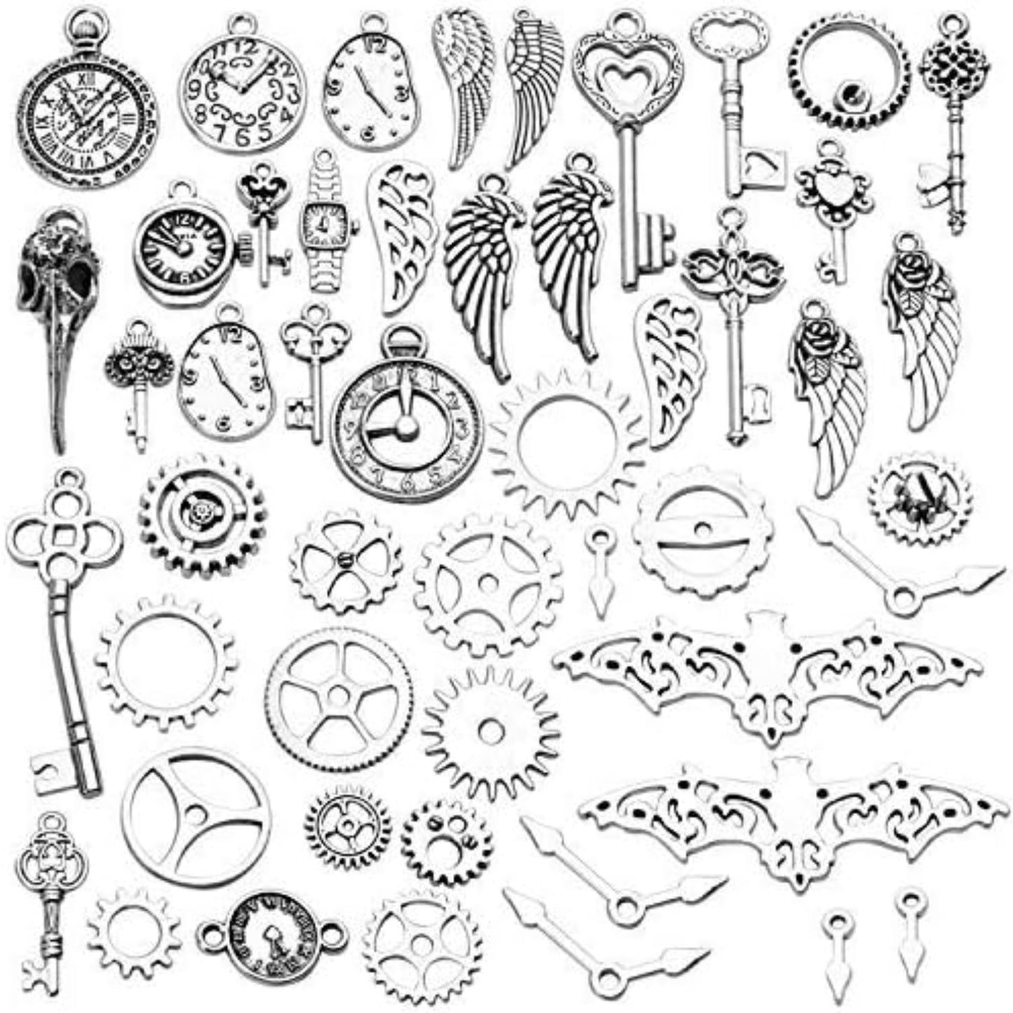 52pcs Tibetan Silver Charms Vintage Clock Gear Wing Key Pendants Jewelry Making Accessories for DIY Crafting Jewellery Making