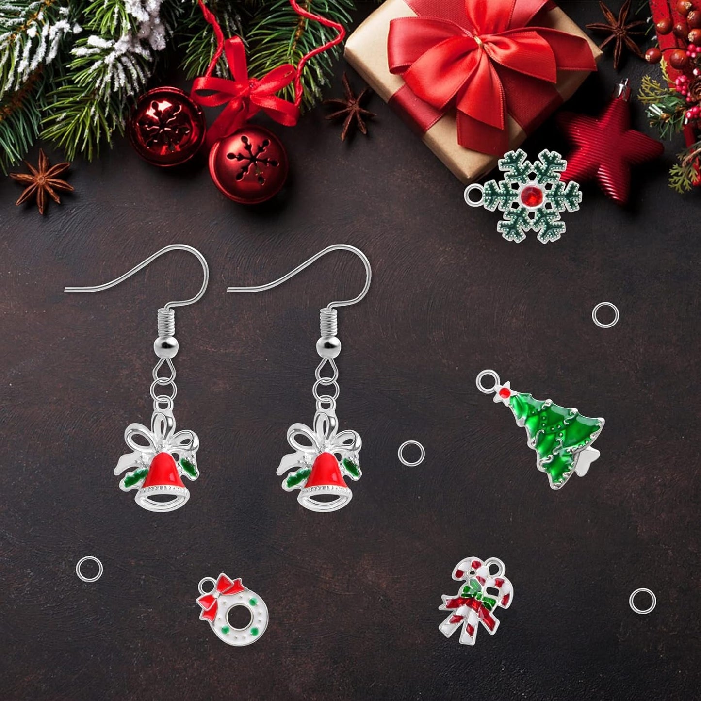 30pcs 5 Styles Enamel Christmas Theme Charms Alloy Mixed Christmas Tree Snowflake Bow Bell Pendants and 30pcs Open Rings for DIY Craft Jewelry Making Xmas Decoration