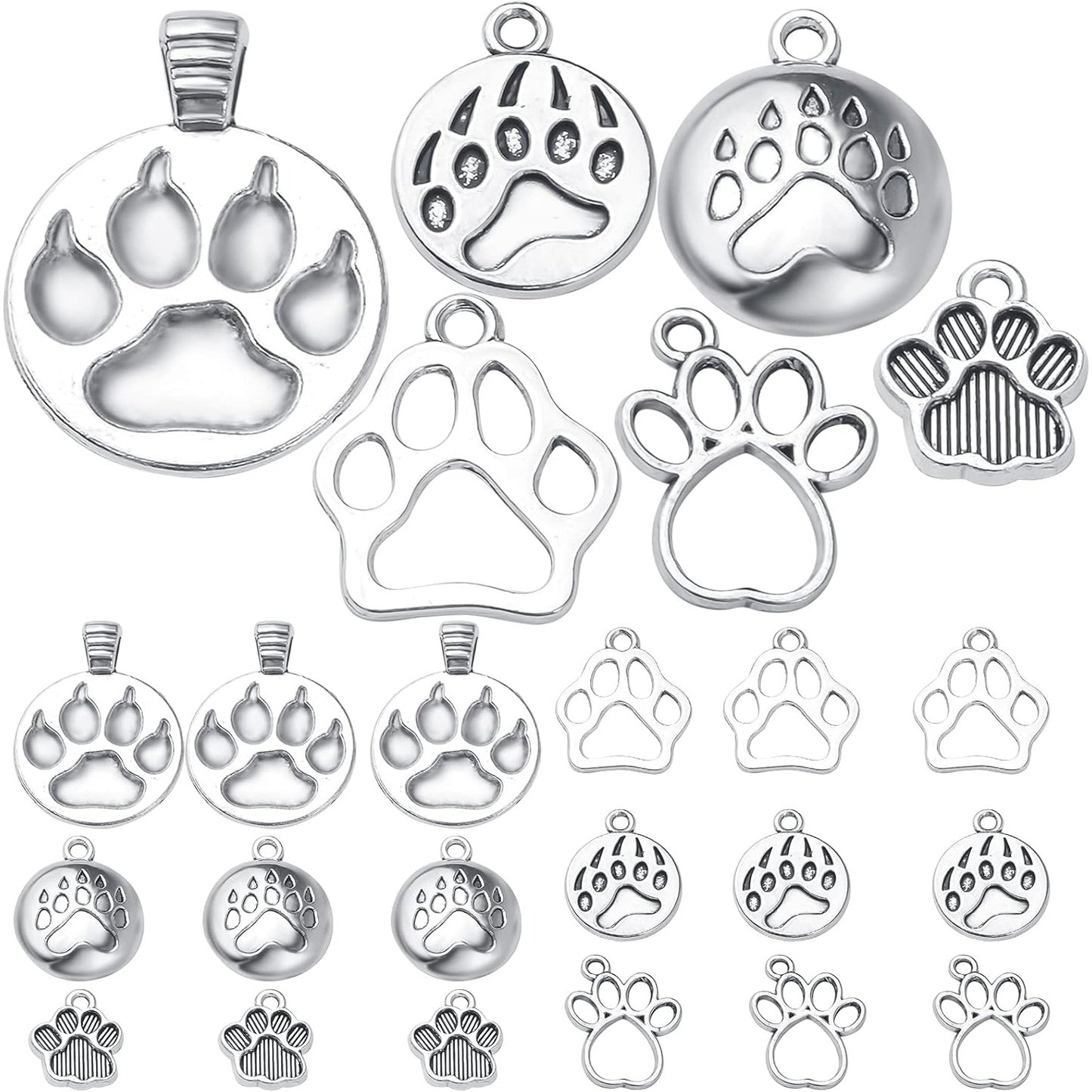 60pcs Silver Bear Dog Cat Footprint Charms Tibetan Alloy Animal Paw Prints Pendants Cute Bear Footprint Dangle Charms for DIY Bracelet Earrings Necklace Jewelry Making, 6 Styles