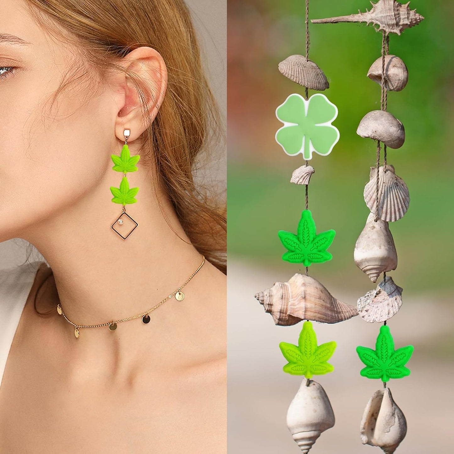6pcs 2 Colors Maple Leaf Silicone Beads and 6pcs 2 Colors Four Leaf Clover Silicone Focal Beads Cartoon Plant Loose Beads Bulk for Pen Keychain Lanyards Necklace Bracelet Handicrafts