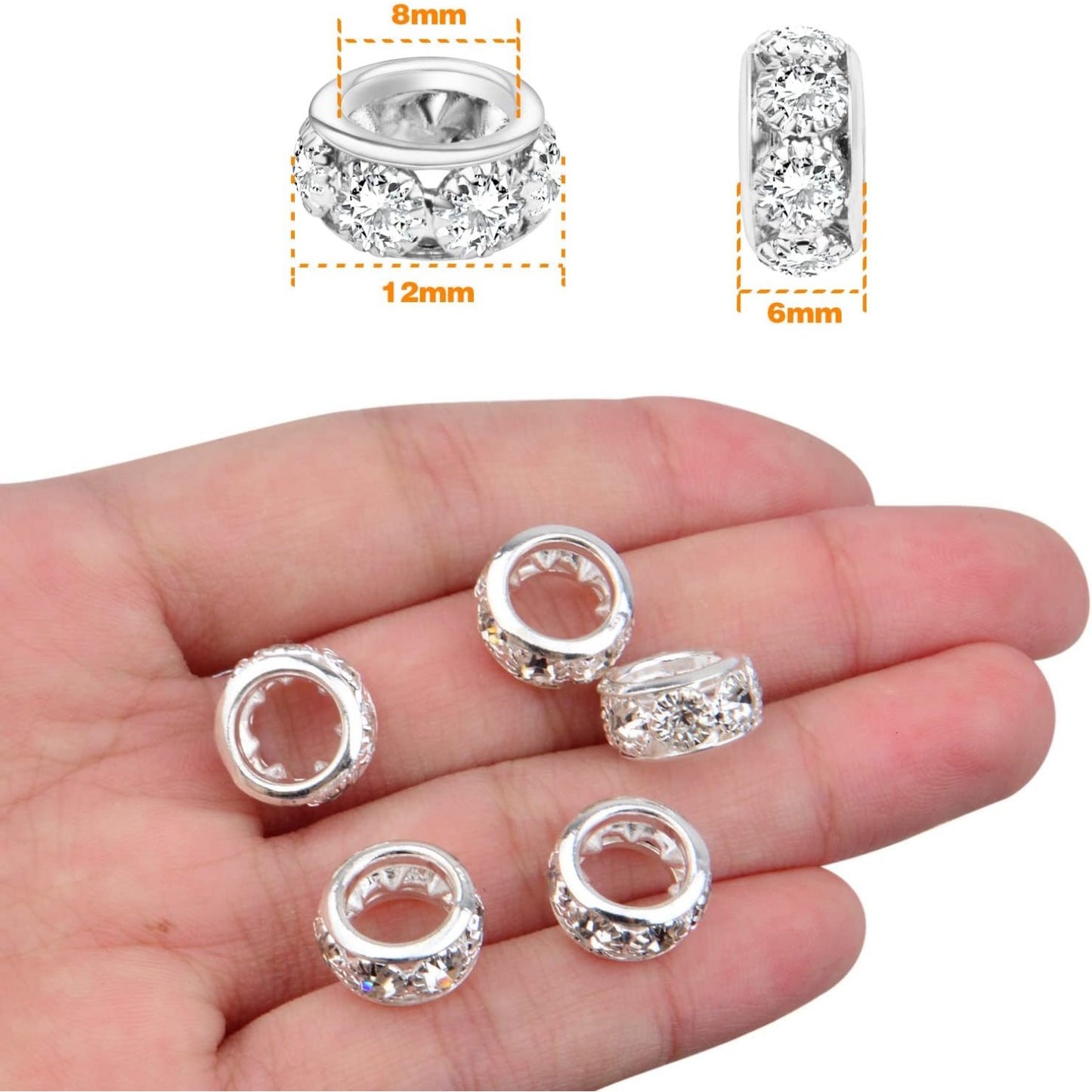 40pcs 12mm Large Hole Rhinestone European Beads, Crystal Rondelle Spacer Beads Round Loose Beads for Snake Chain Bracelet DIY Jewelry Making, Hole: 8mm