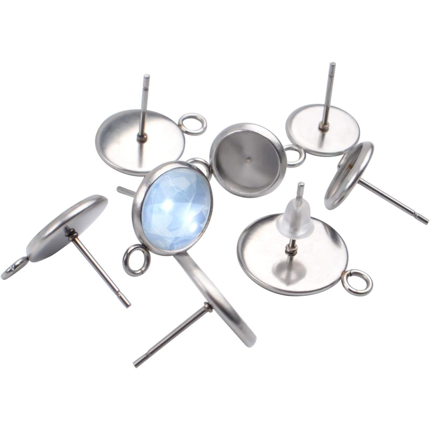 40 Pieces Stainless Steel Cabochon Blank Earring Studs Earring Tray and 40 Pieces Silicone Clear Earring Back for Earring Making,6mm,8mm,10mm,12mm
