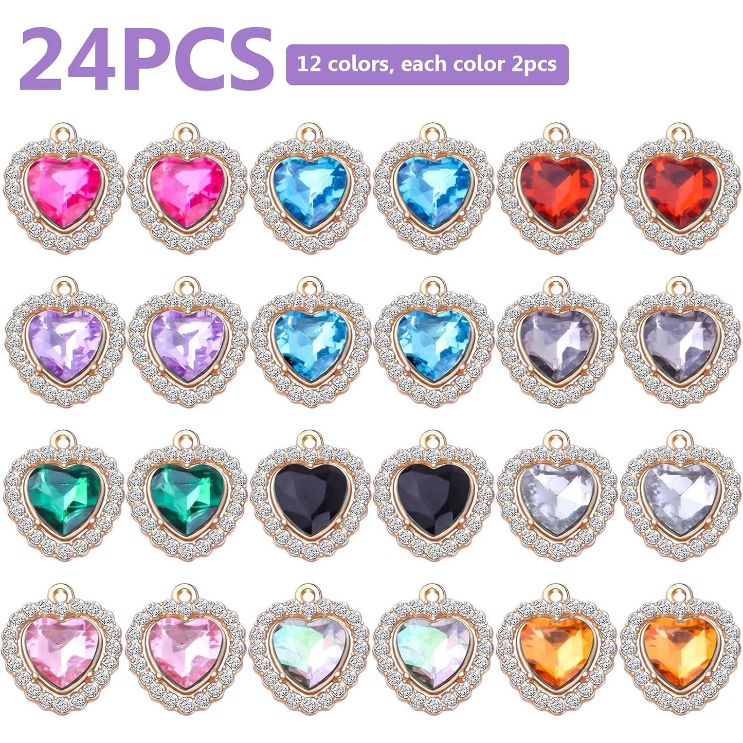 24pcs 12 Colors Rhinestone Heart Charms Cubic Zirconia Alloy Crystal Beads Pendants Charms for DIY Earrings Necklace Bracelet Crafts Jewelry Making Tiny Dangle Accessories