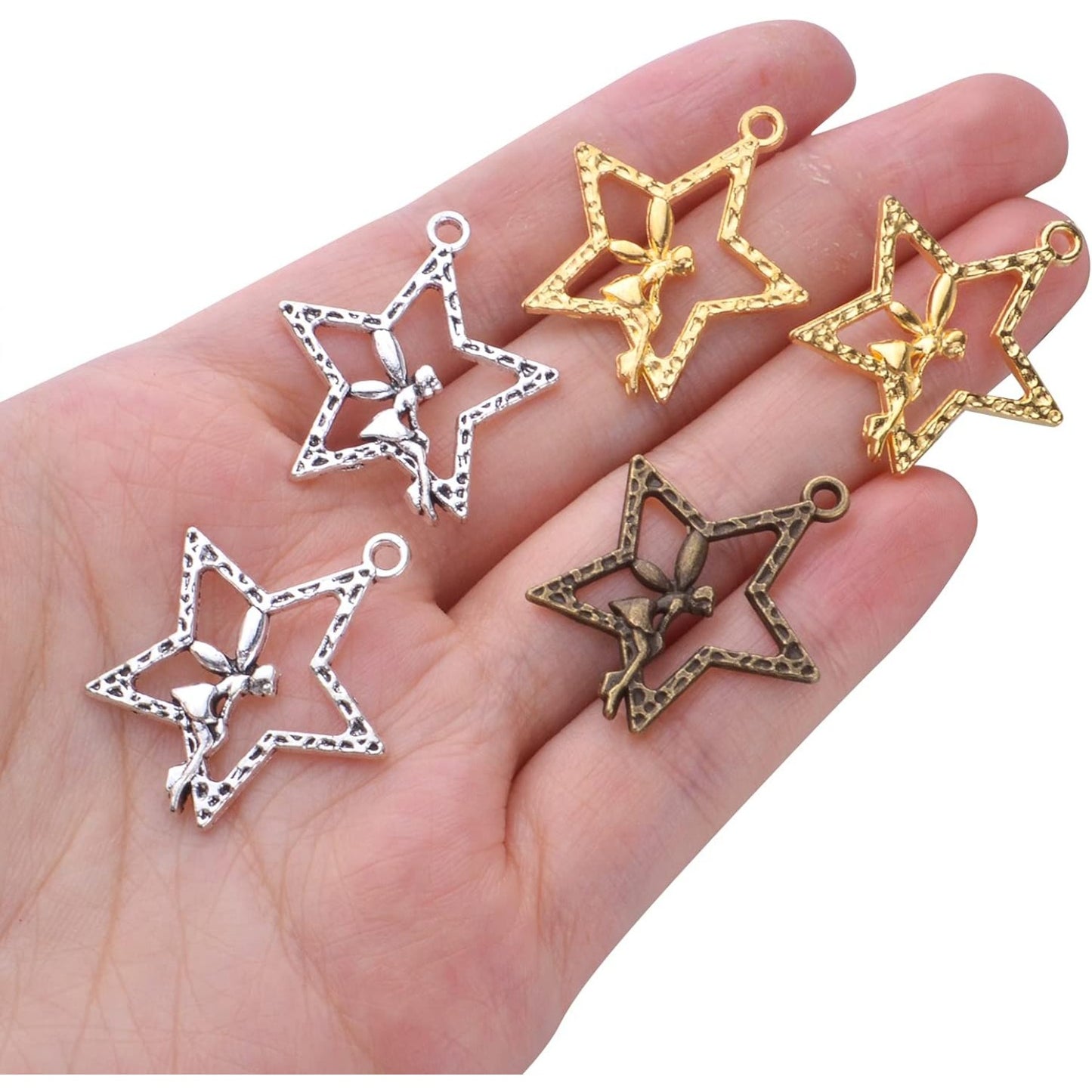 60pcs Fairy Charm Pendants Alloy Angle Charms Fairy on Star Charms Craft Supplies for DIY Earrings Necklace Bracelet Jewelry Making and Crafting Accessory, 3 Colors