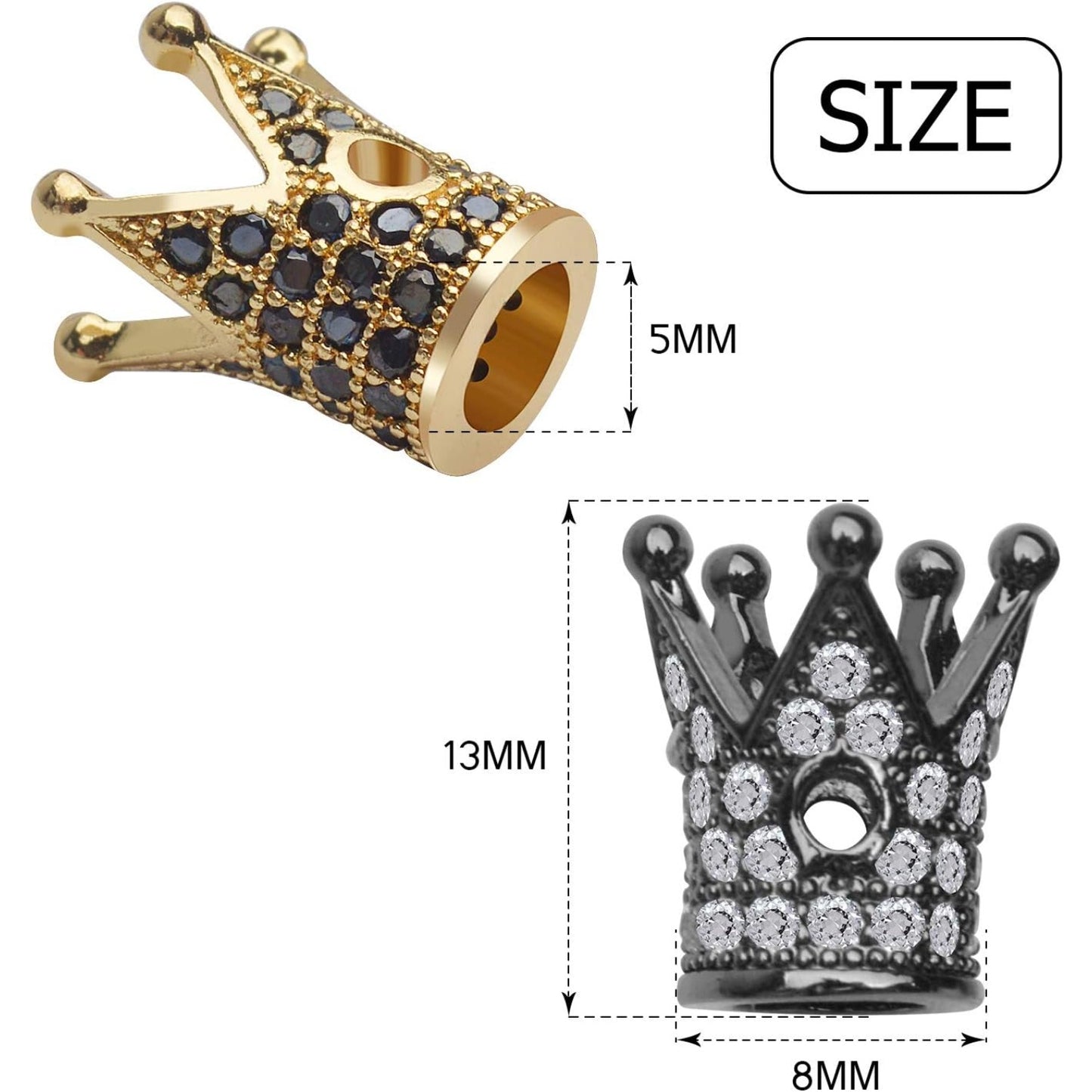 Mixed Color Brass Crown Spacer Beads, 8pcs Micro Pave Cubic Zirconia CZ King Crown Charm Loose Beads for DIY Jewelry Making and Crafting, 12x8mm