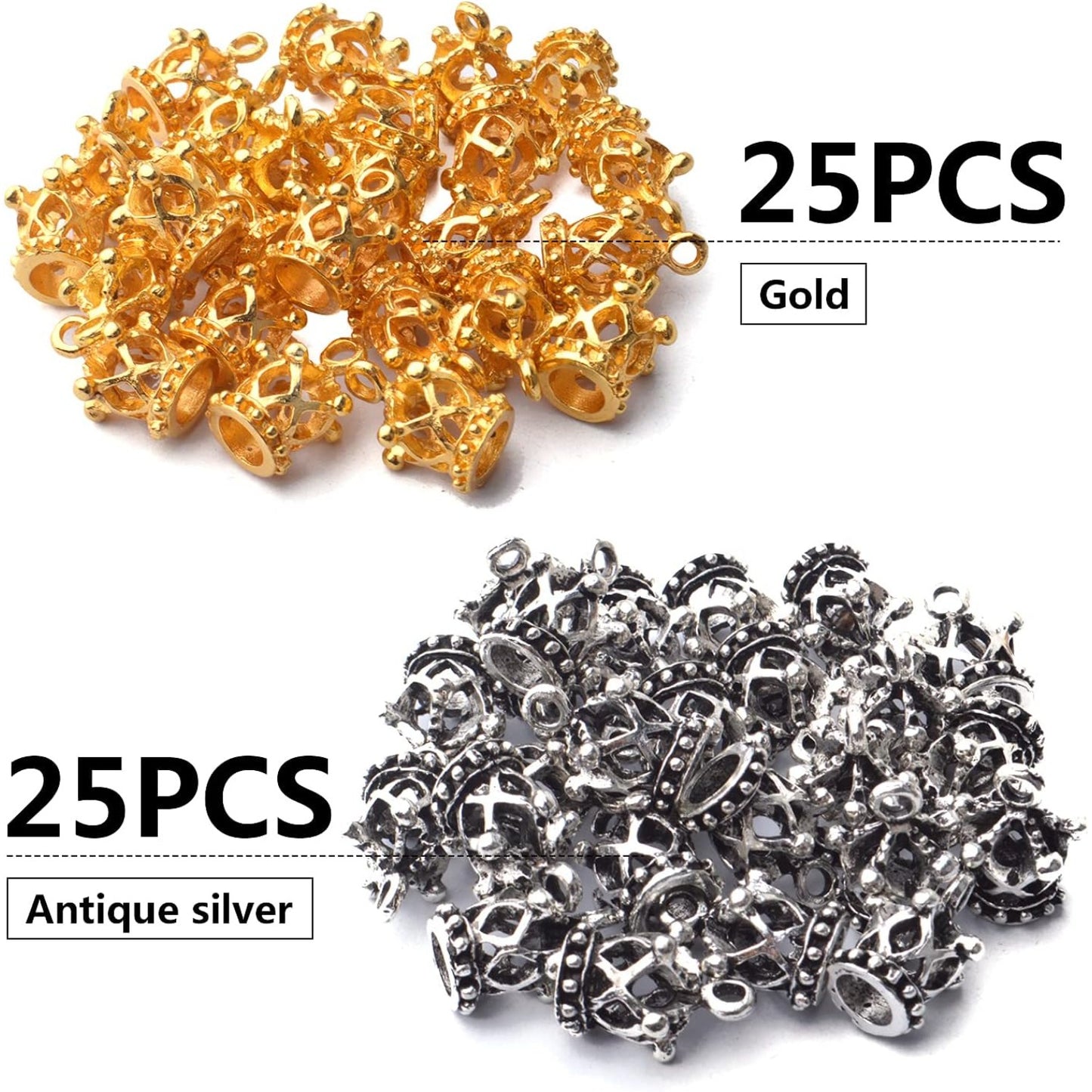 Crown Charms,50pcs King Crown Charm Pendants Alloy Crown Bead Charm Queen Crown Pendants Craft Supplies for Jewelry Making Necklace Bracelet DIY(3D)